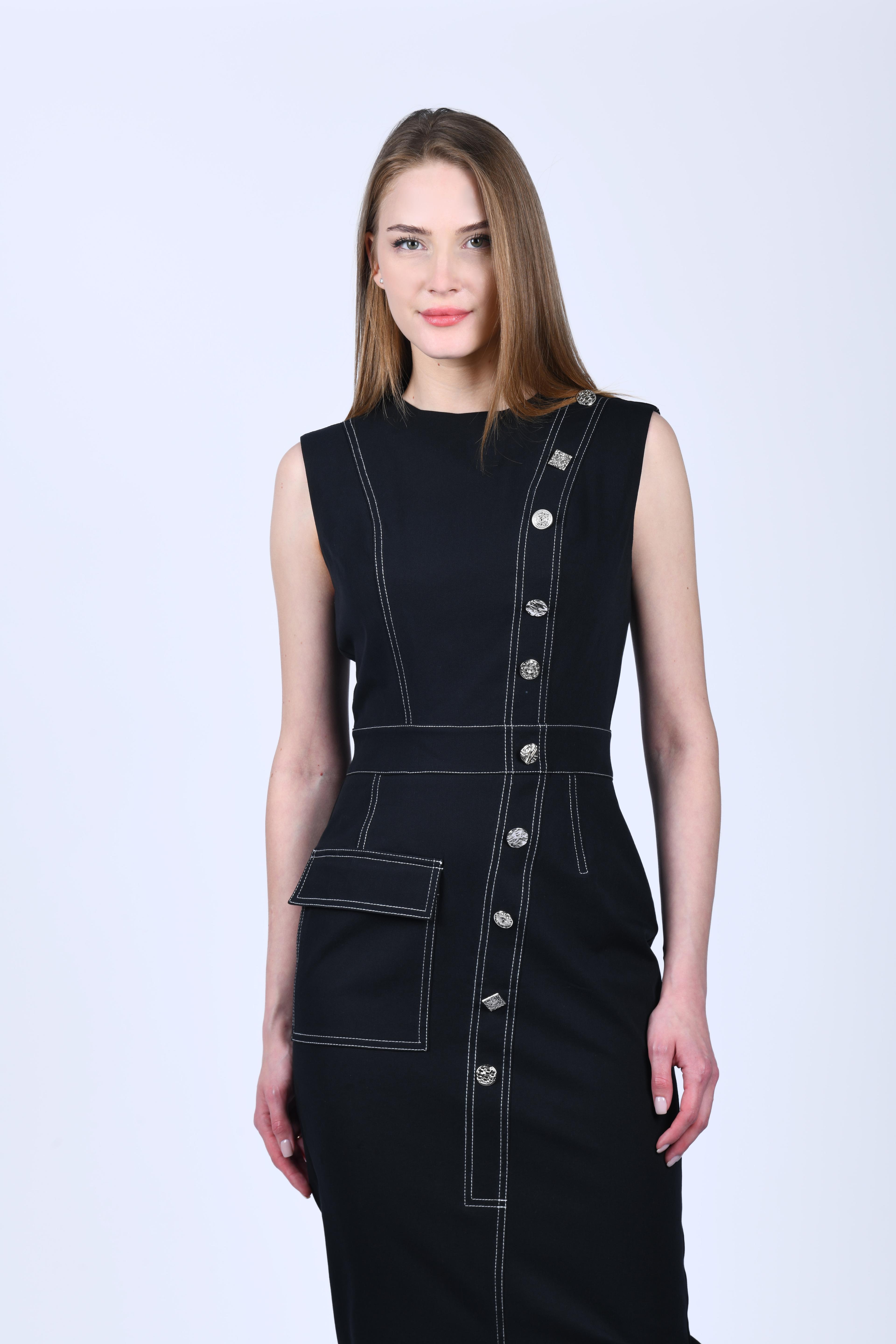 Siyah Dikiş Detaylı Midi Elbise - QE356