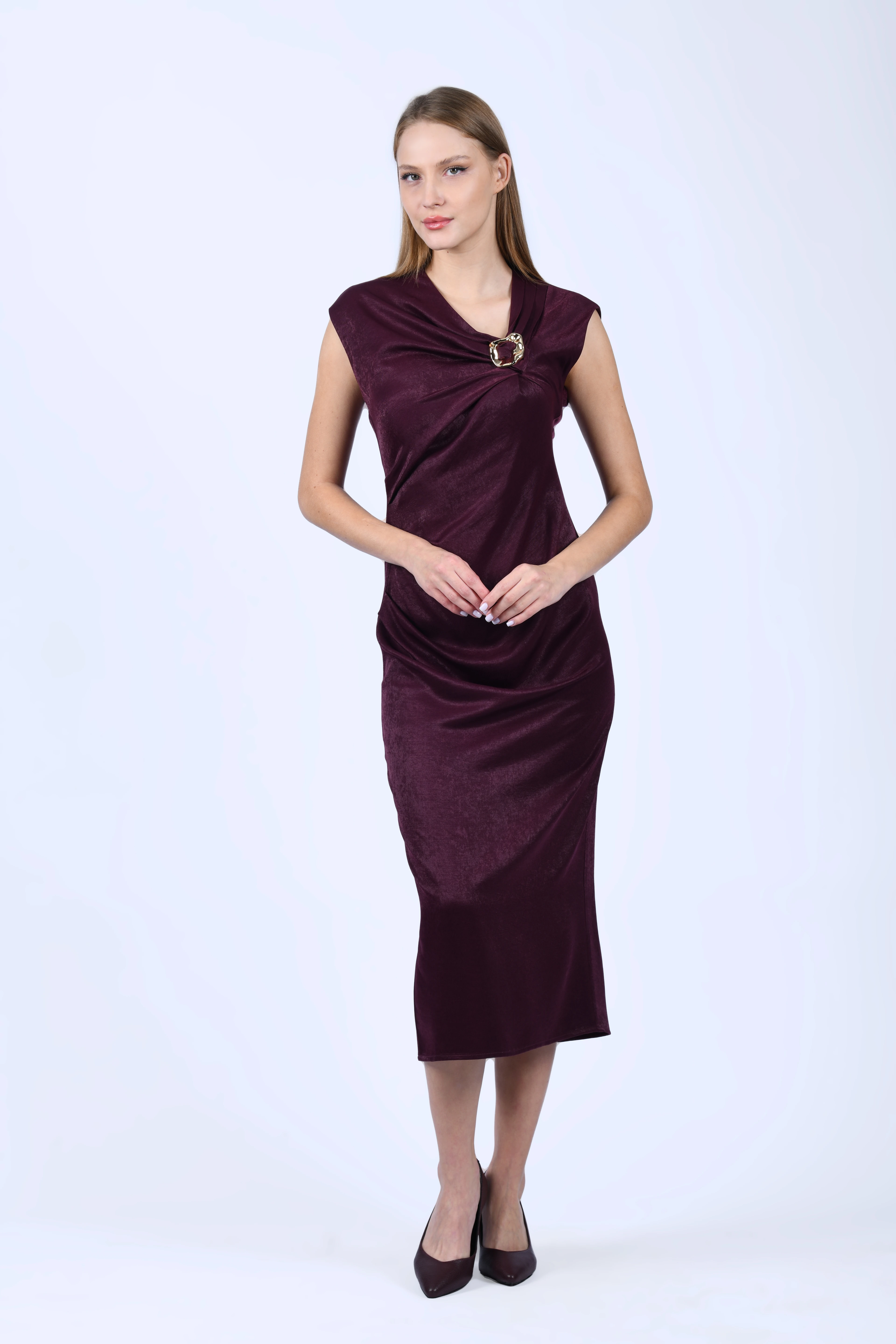 Bordo Yakası Tokalı Midi Elbise - QE389