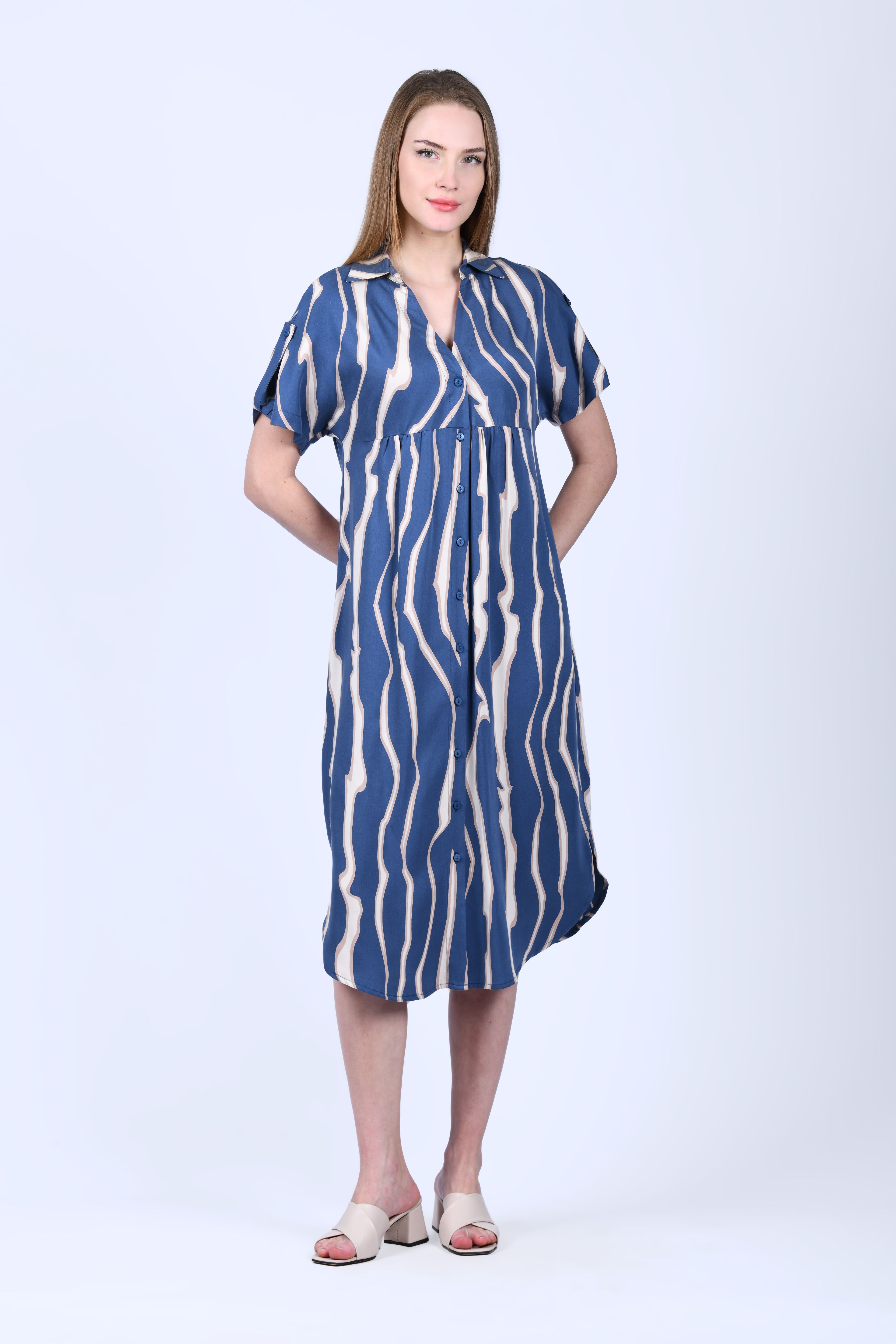 İndigo Zebra Desen Gömlek Elbise - QE344