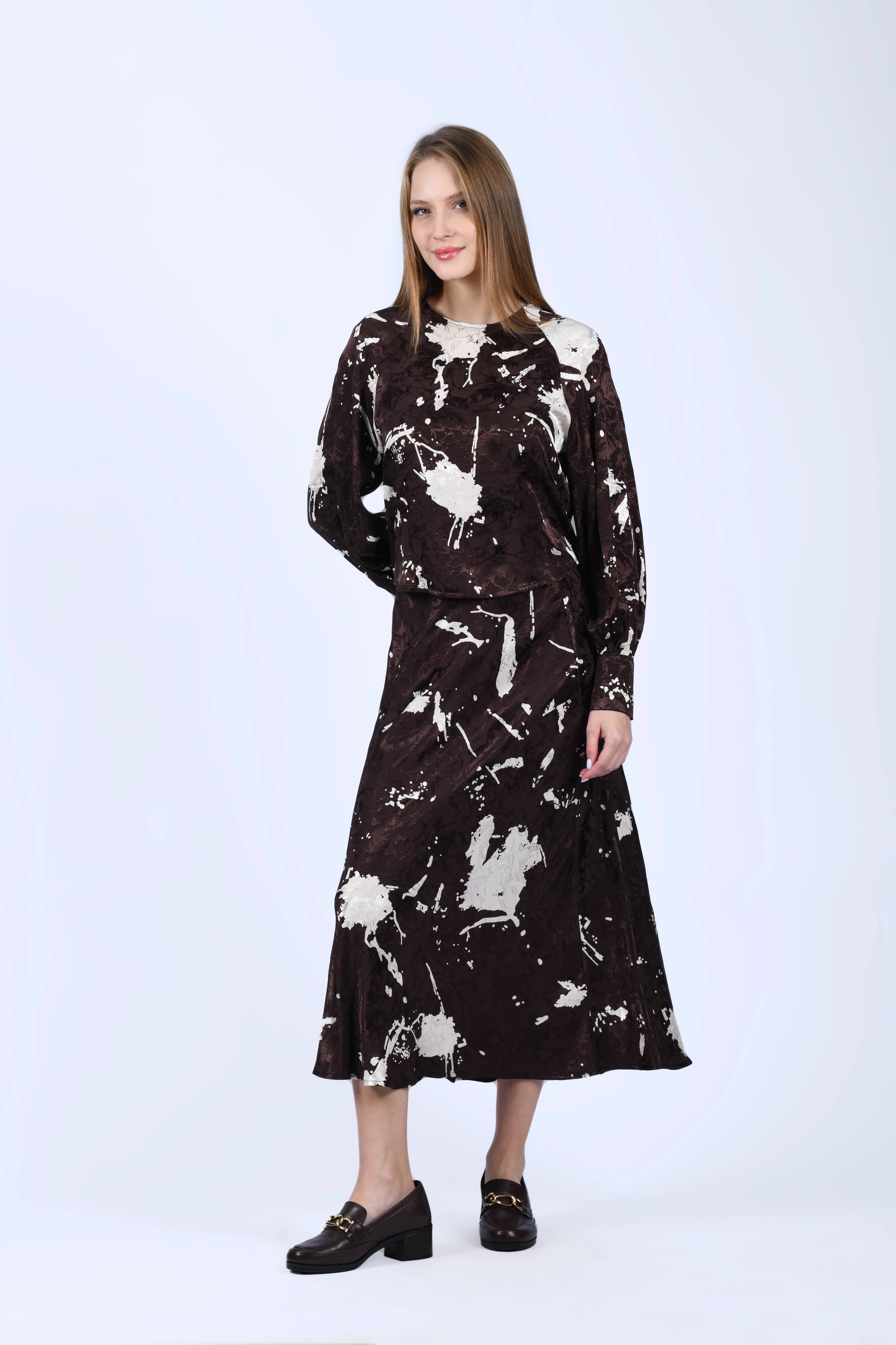 Kahve Soyut Desenli Bluz - LB189