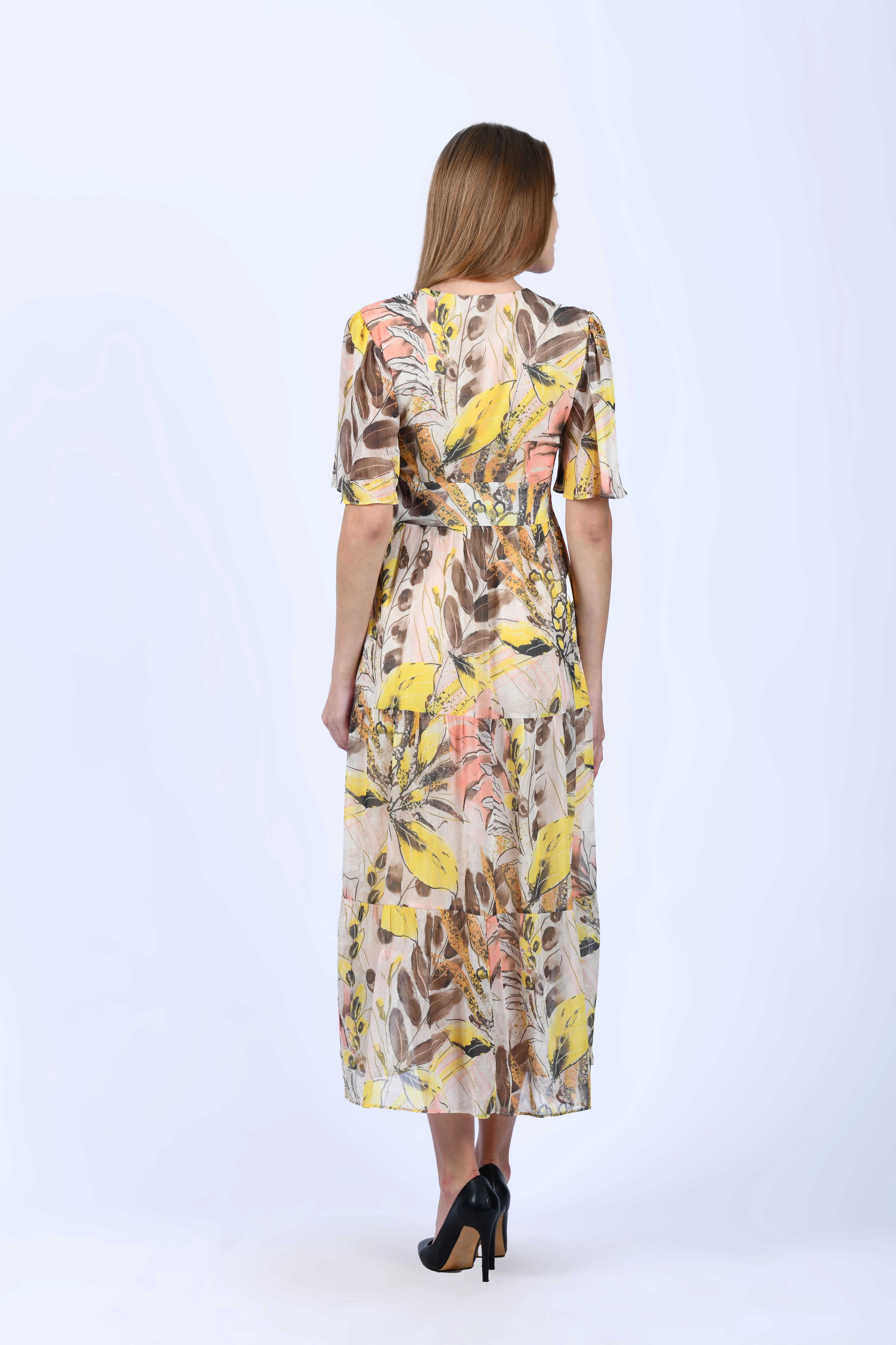 Sarı V Yaka Tropikal Desen Midi Elbise - LE565
