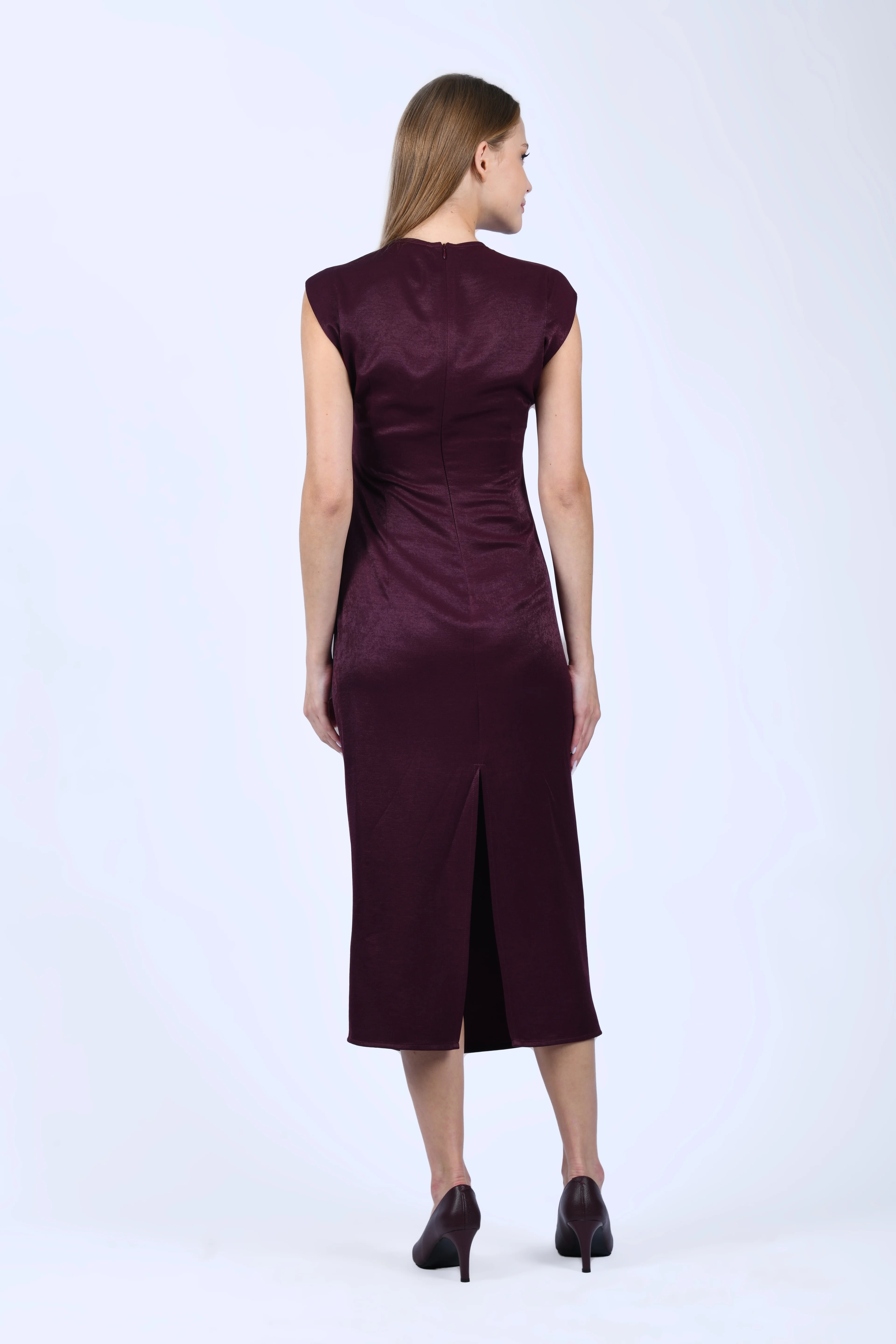 Bordo Yakası Tokalı Midi Elbise - QE389