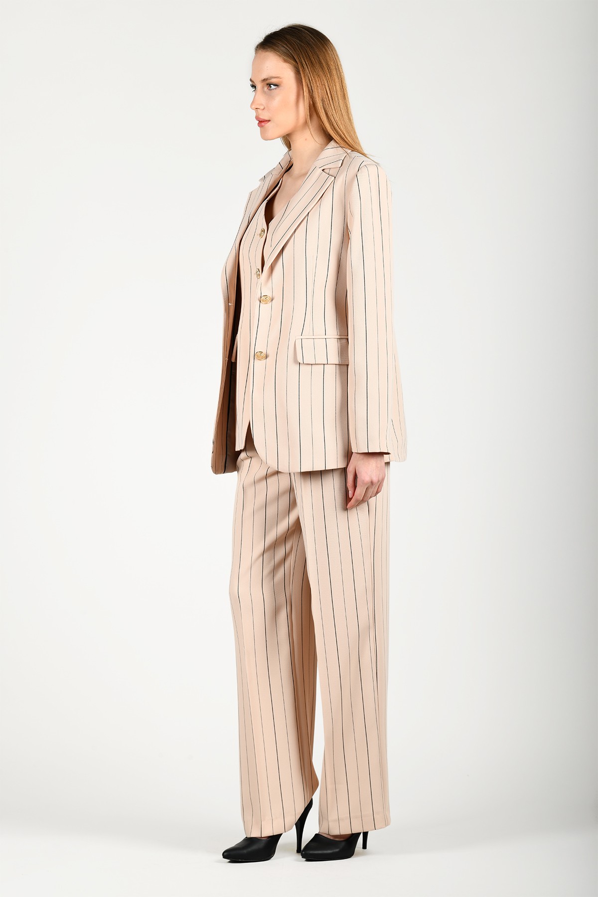 Bej Çizgili Blazer Ceket - LC83