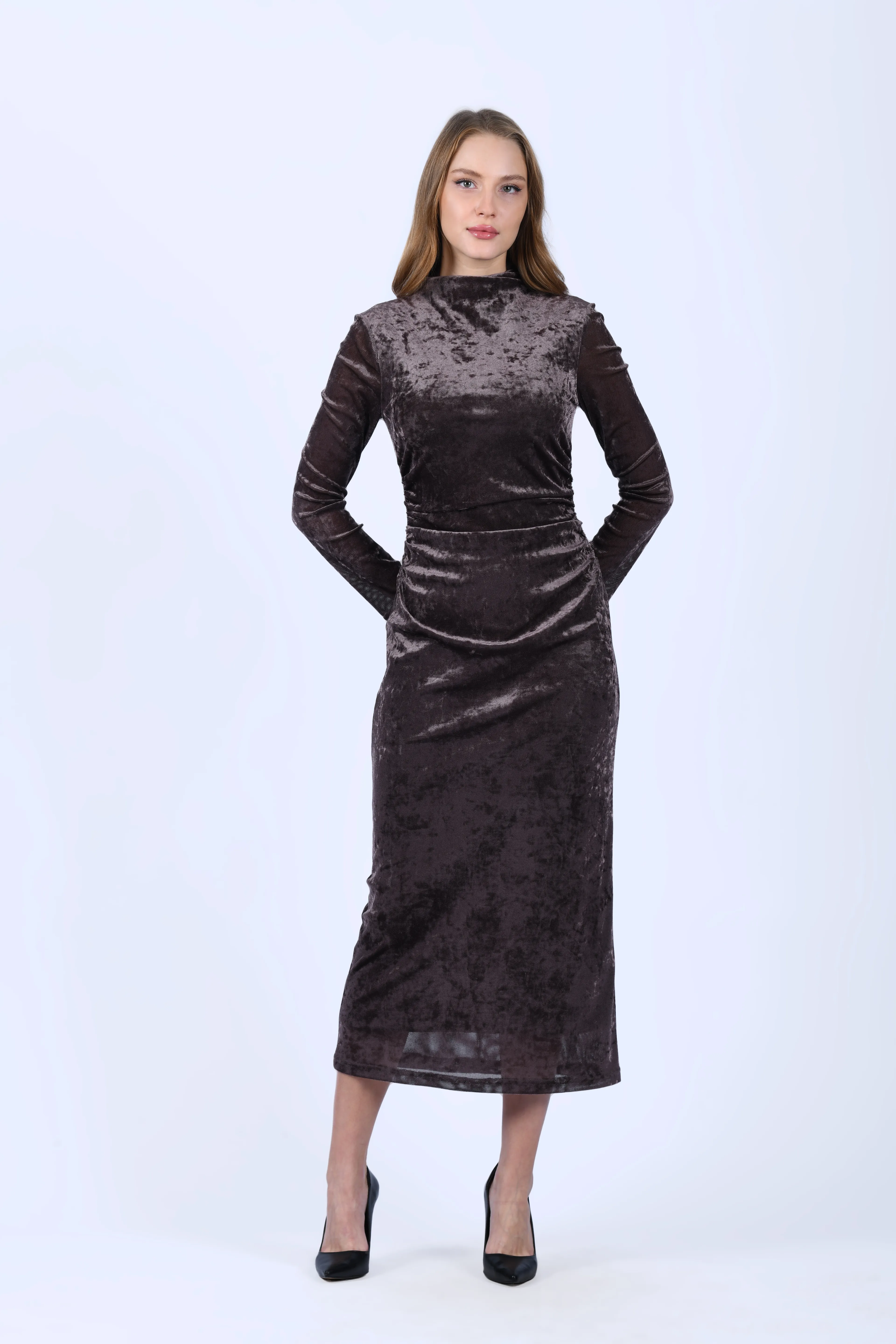 Kahve Drapeli Midi Kadife Elbise - QE398