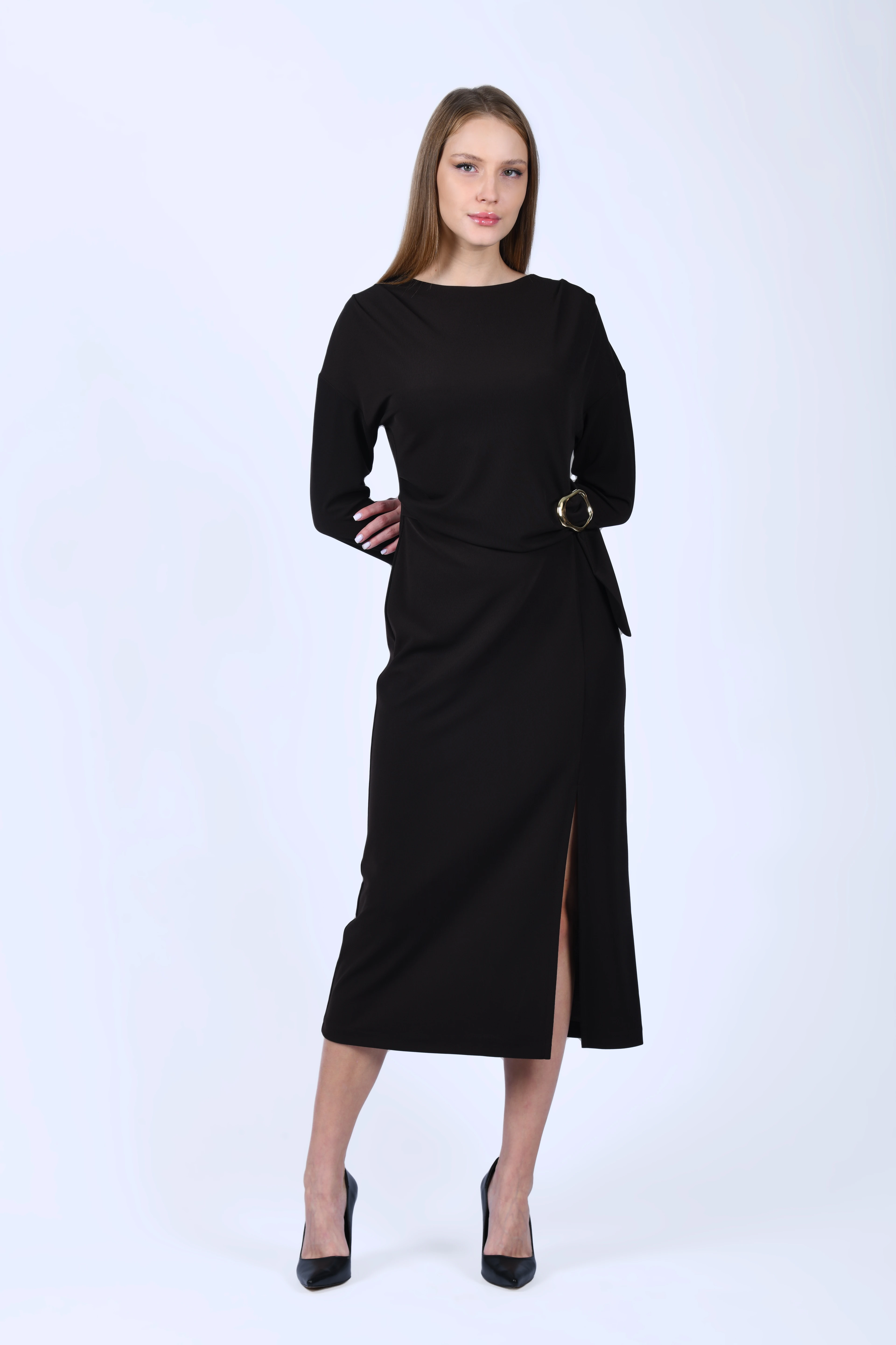 Kahve Toka Detaylı Yırtmaçlı Elbise -  QE396