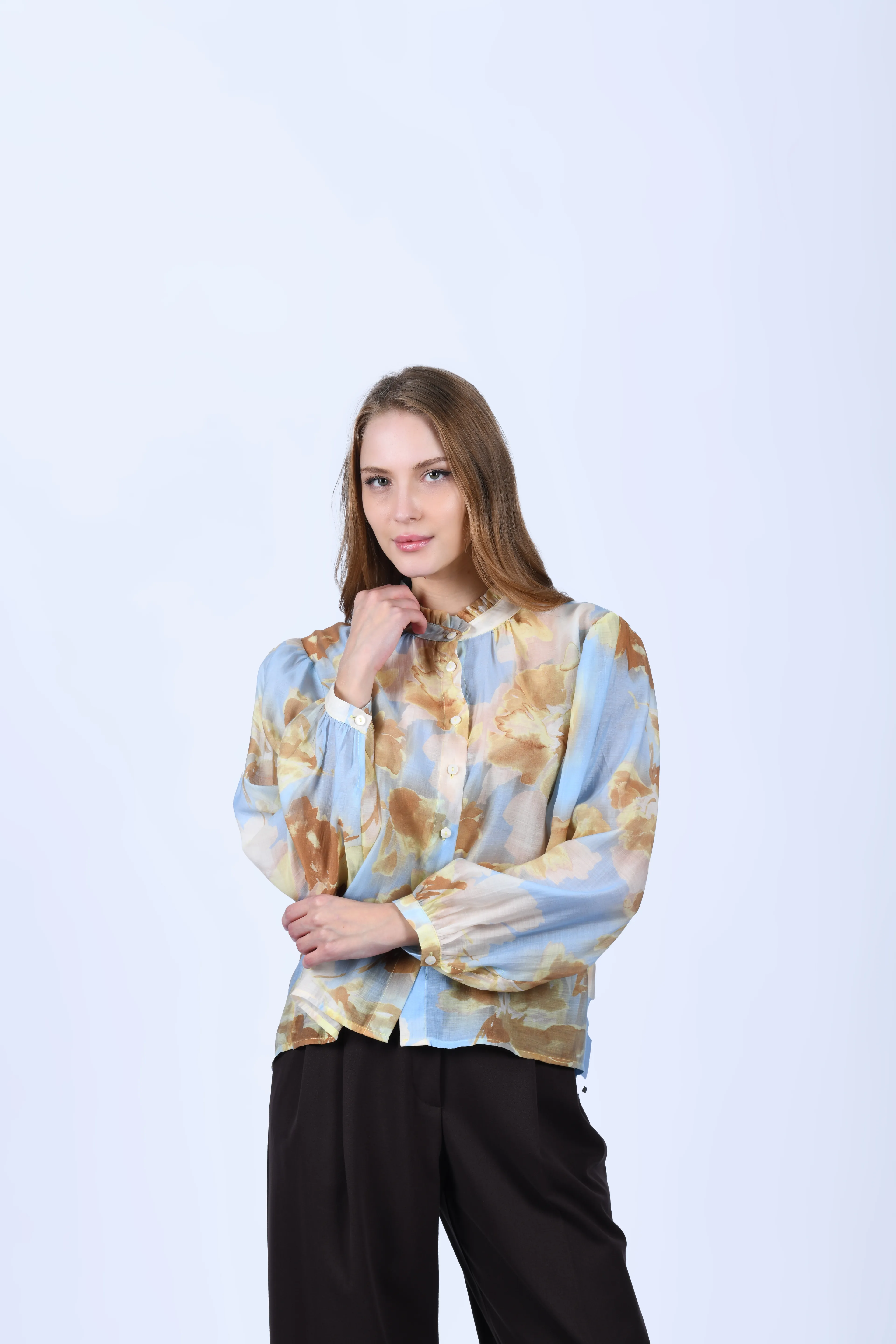 Mavi Hakim Yaka Desenli Gömlek - QG147