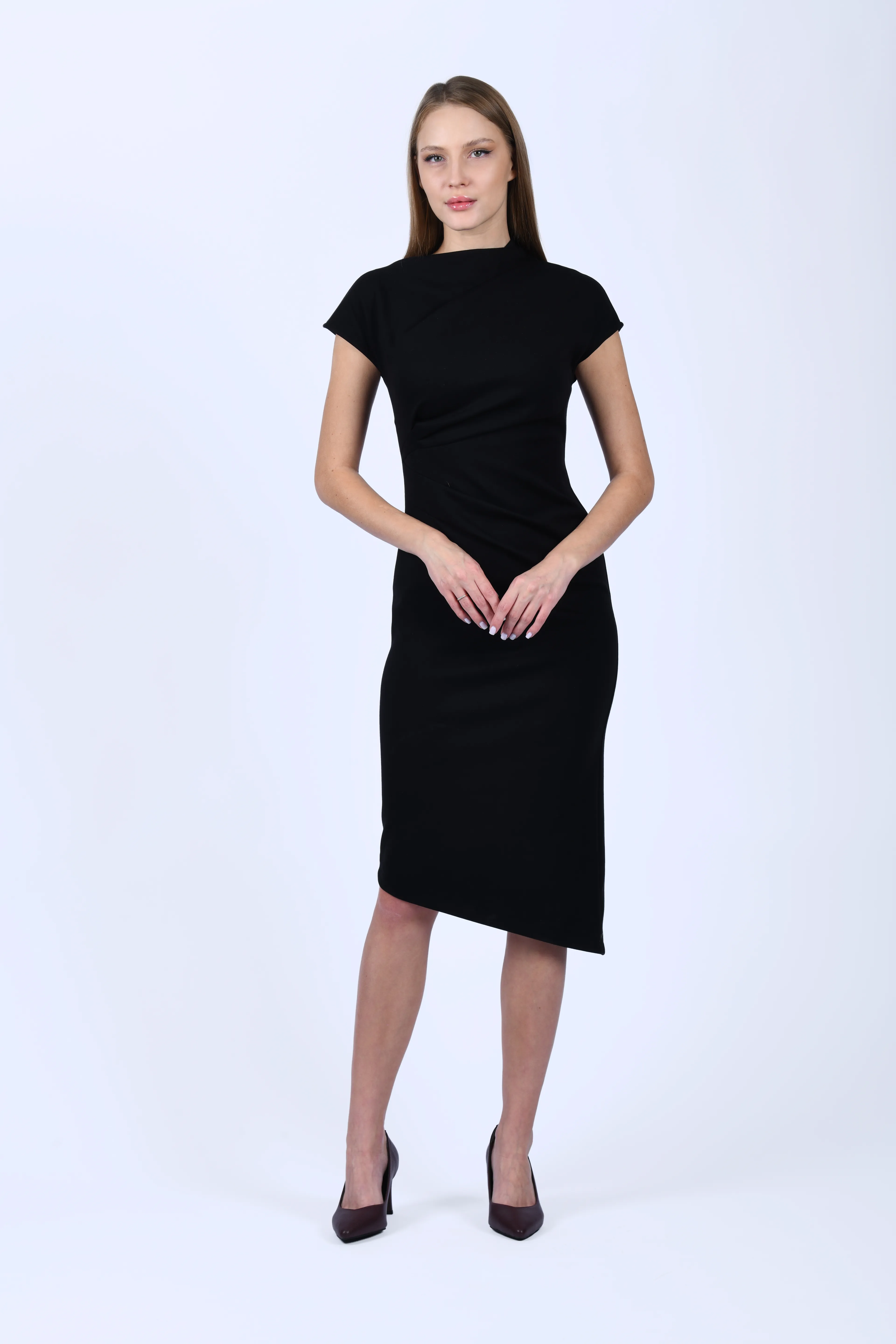 Siyah Drapeli Kalem Elbise - QE386