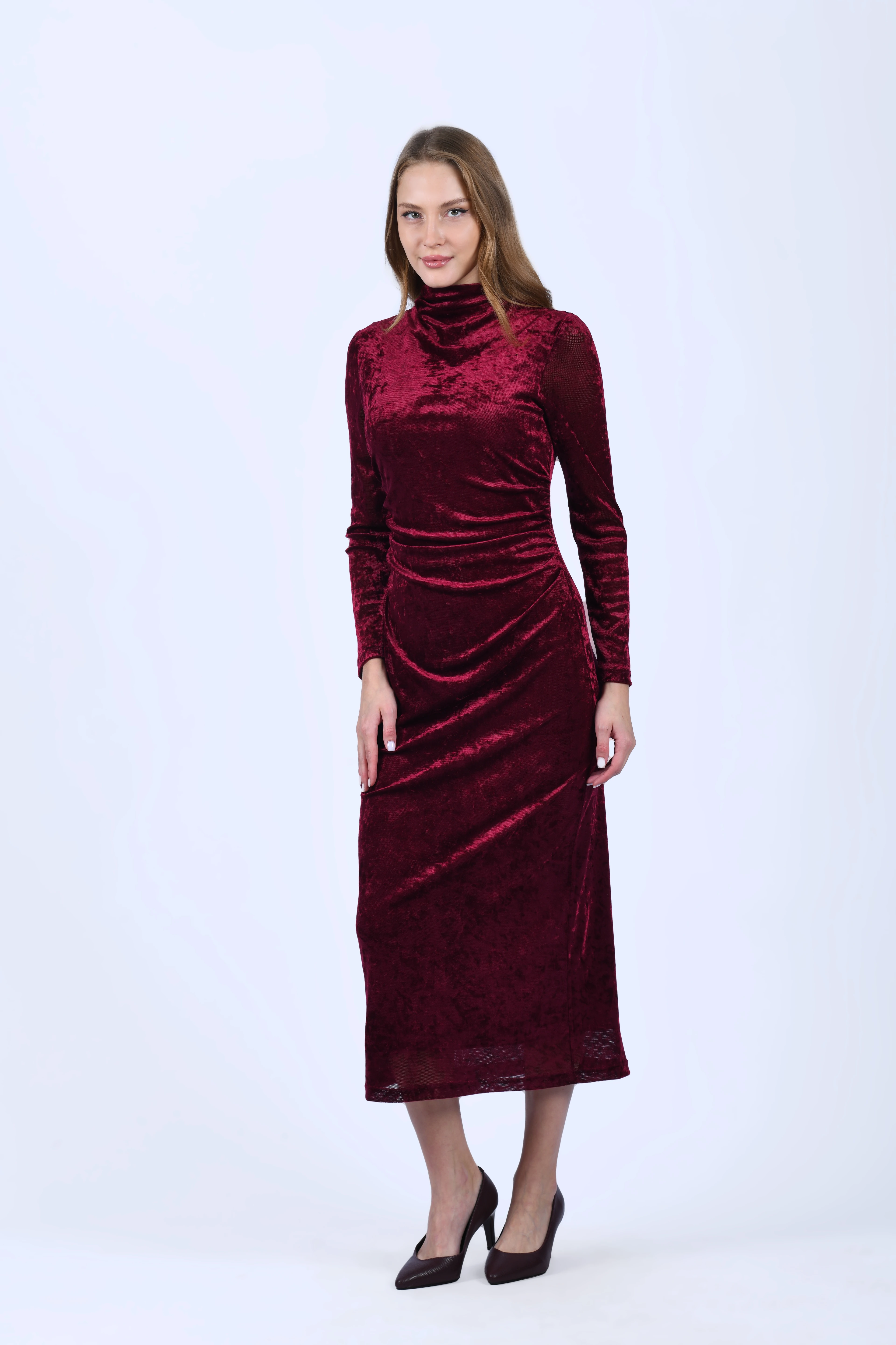 Bordo Drapeli Midi Kadife Elbise - QE398