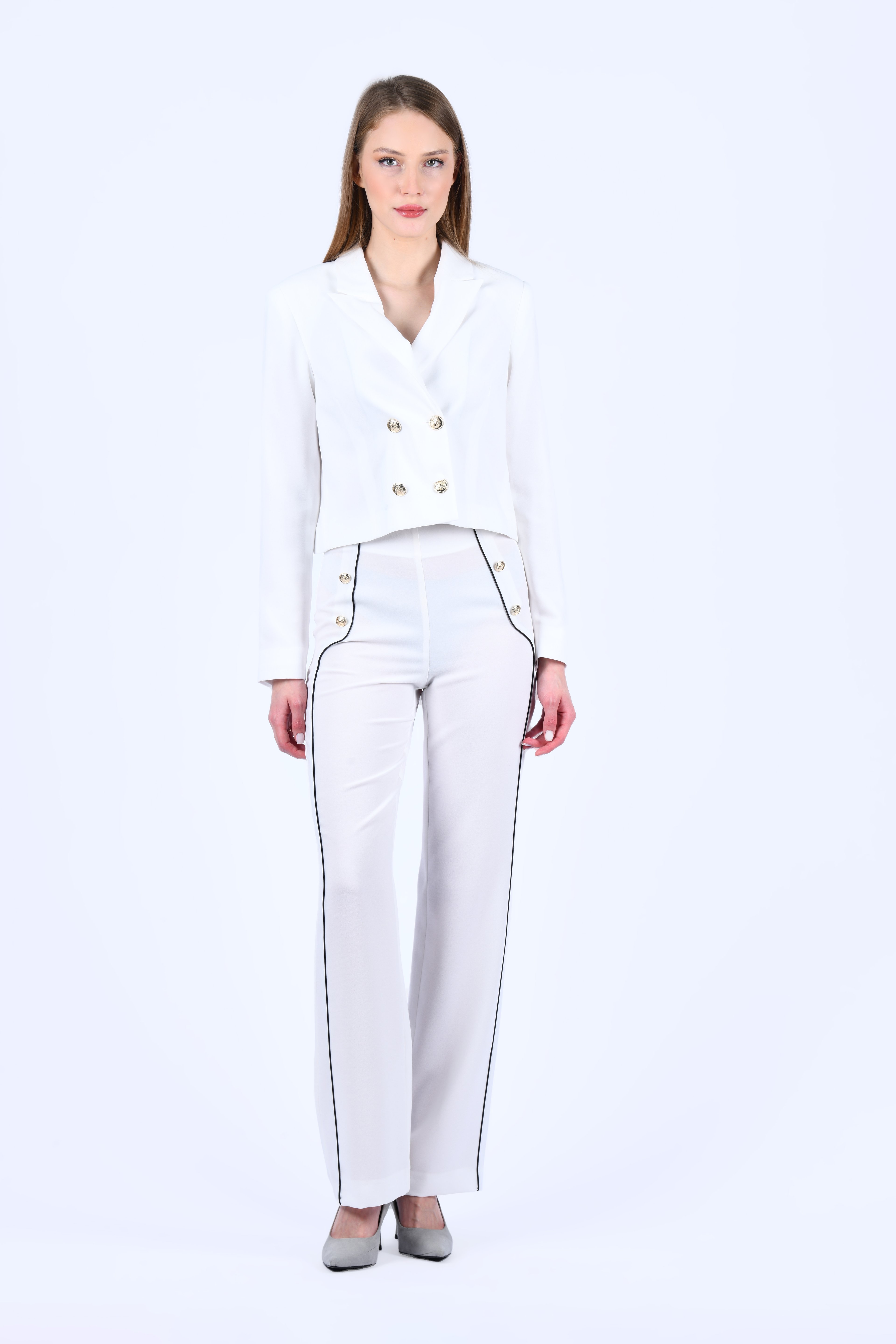 Ecru Crop Kesim Blazer Ceket - QC83