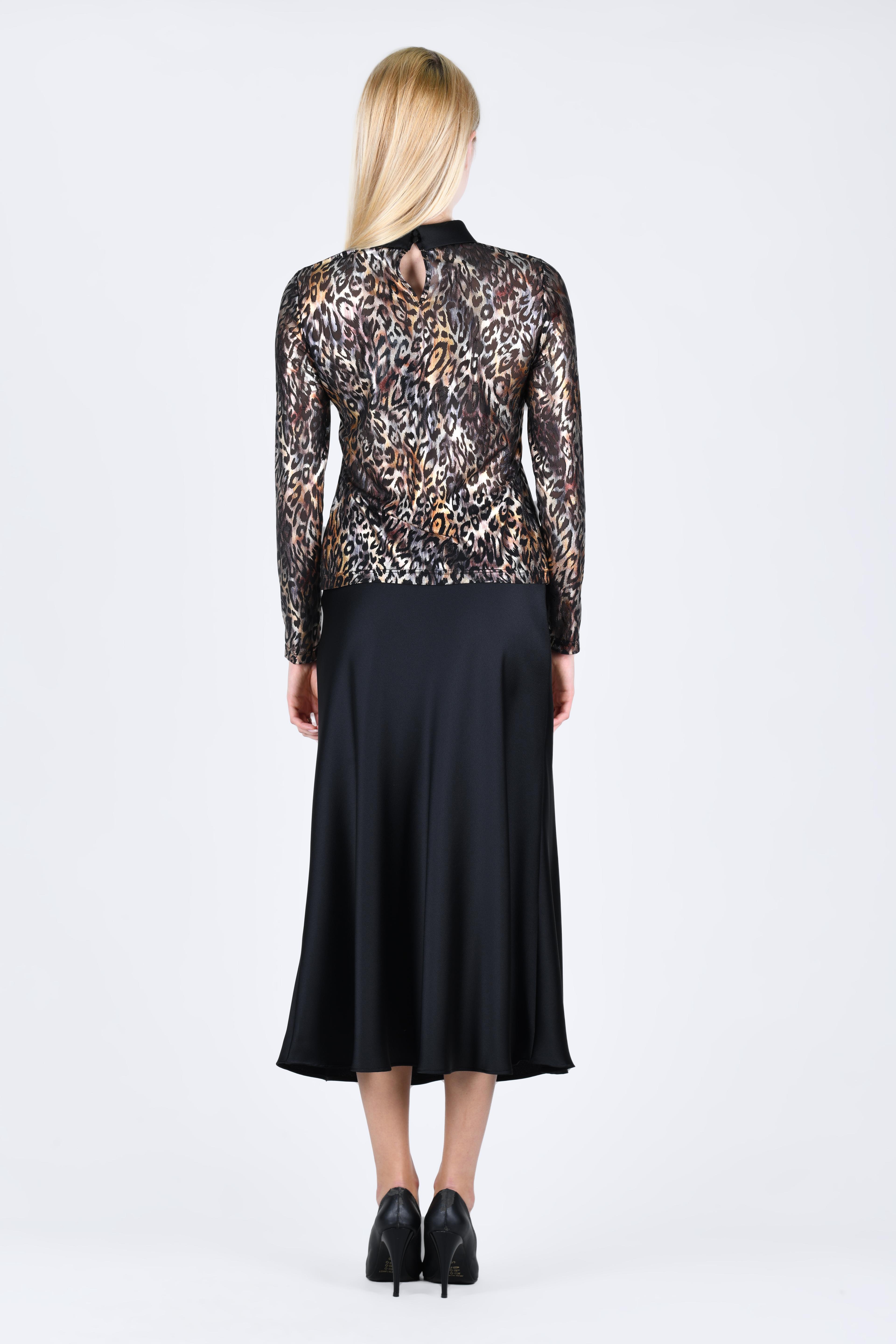 Gold Leopar Desenli Yaka Detaylı Transparan Bluz - LB165