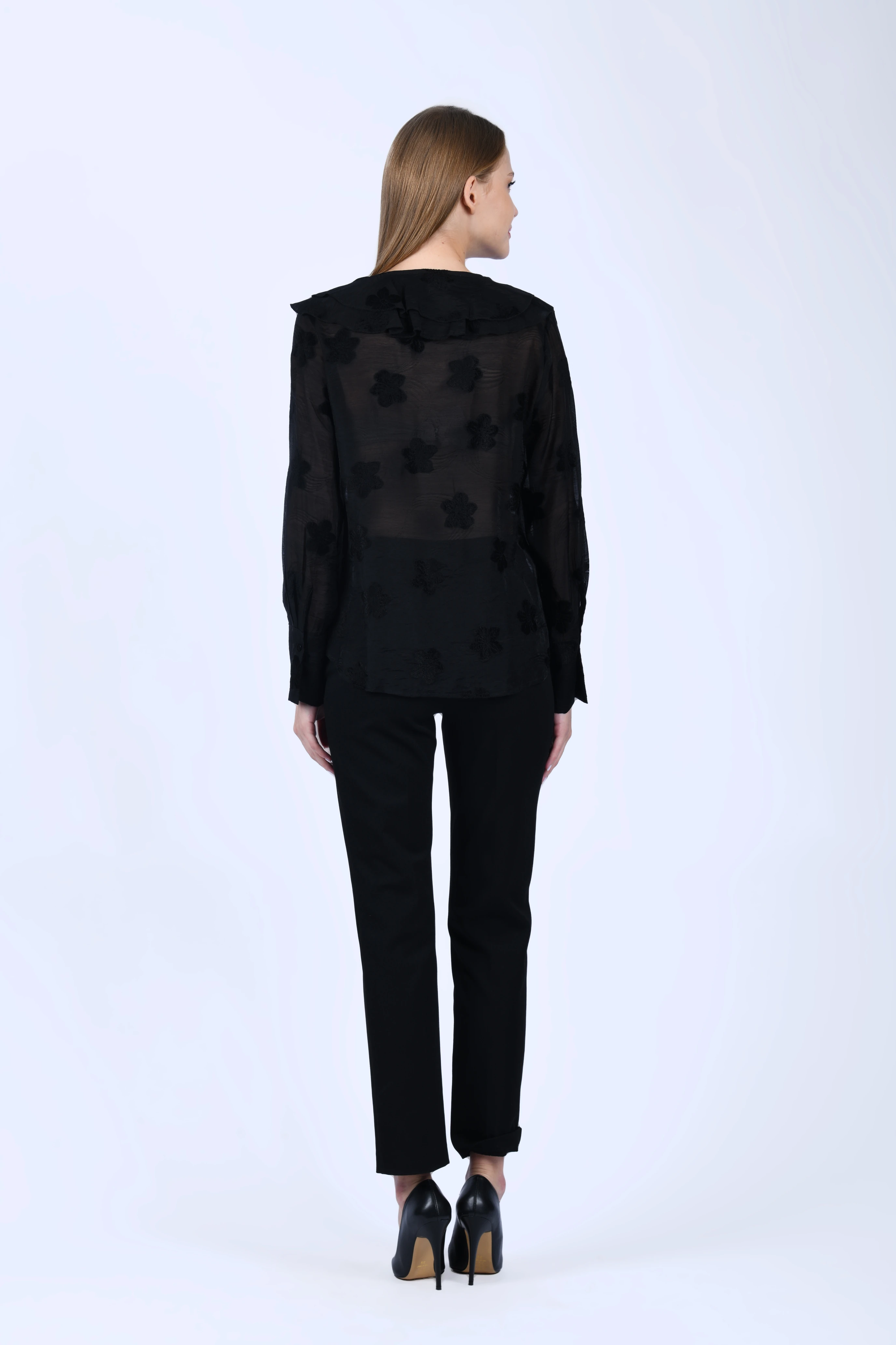Siyah Çiçekli Volanlı Tül Bluz - QB203