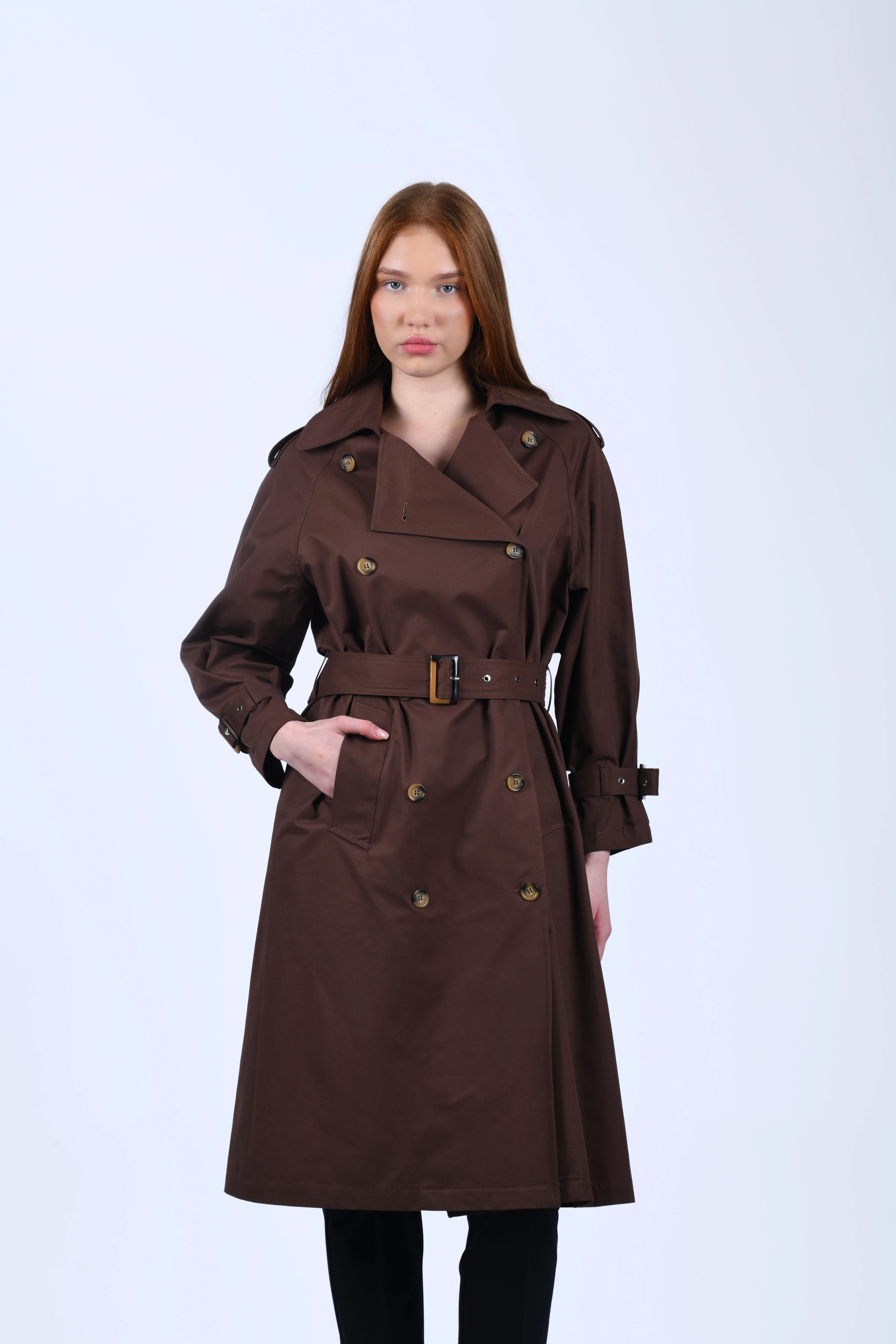 Kahve Kendinden Kemerli Trençkot - QT16