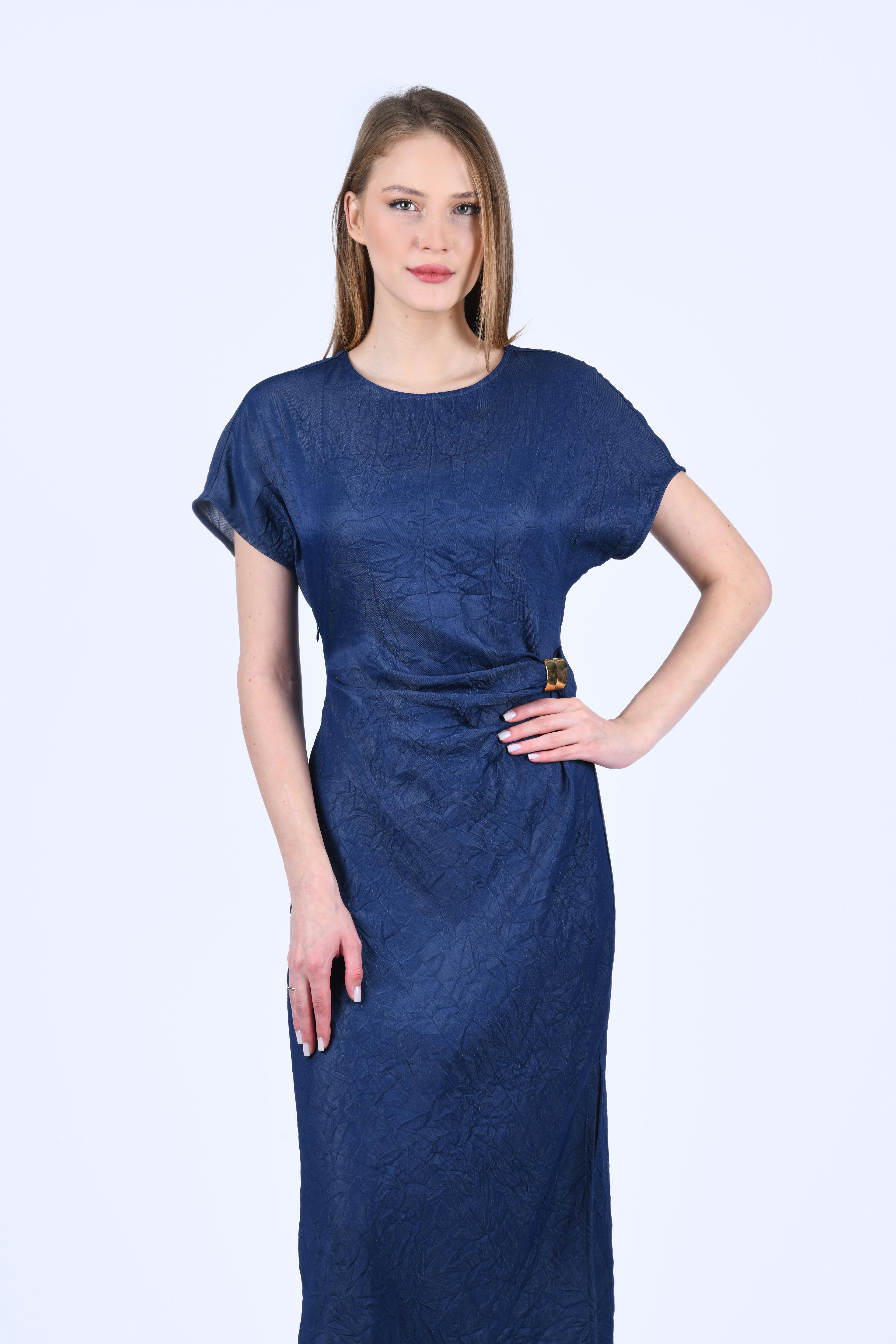 İndigo Desenli Midi Elbise - QE340