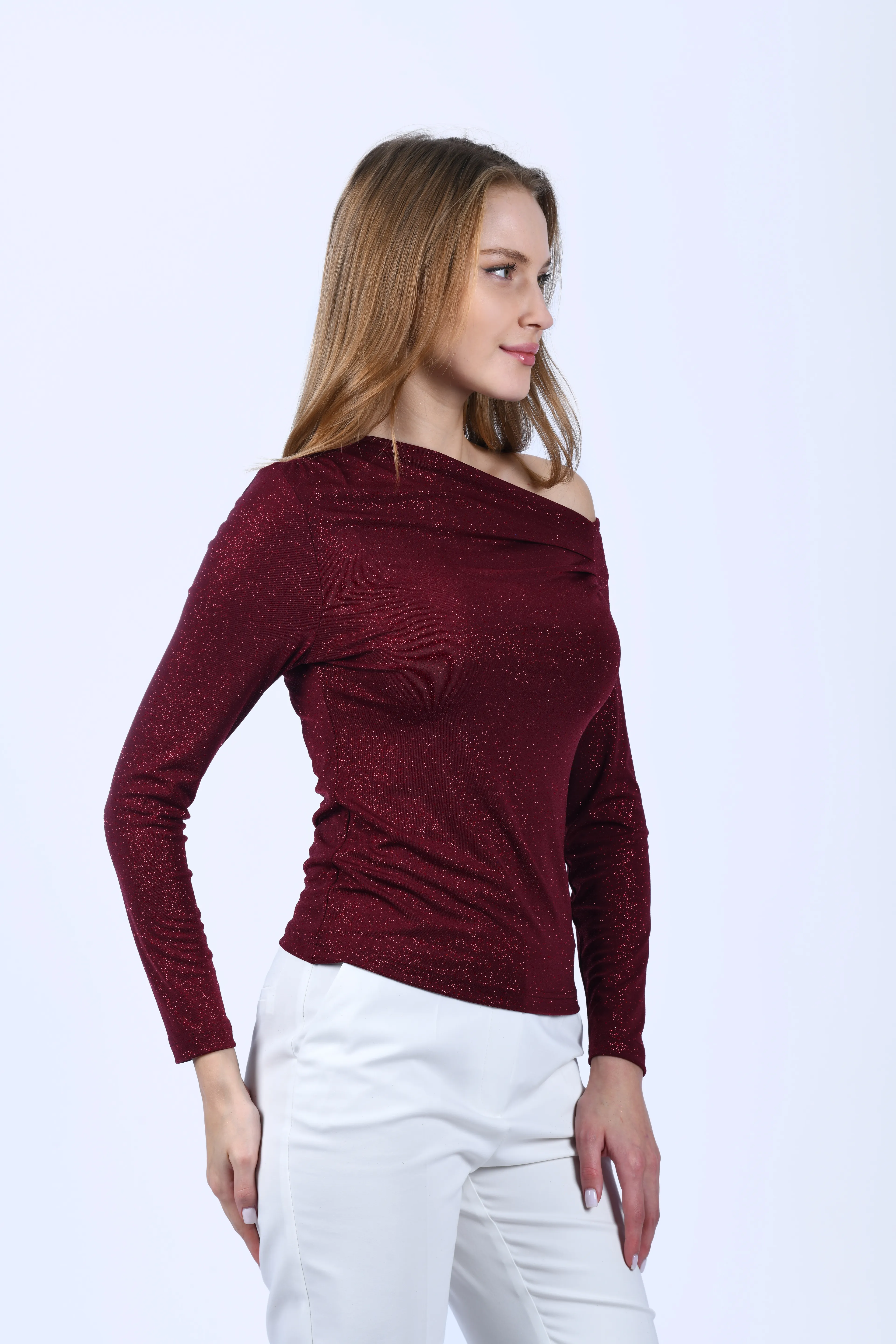 Bordo Omuz Detaylı Simli Bluz - QB204