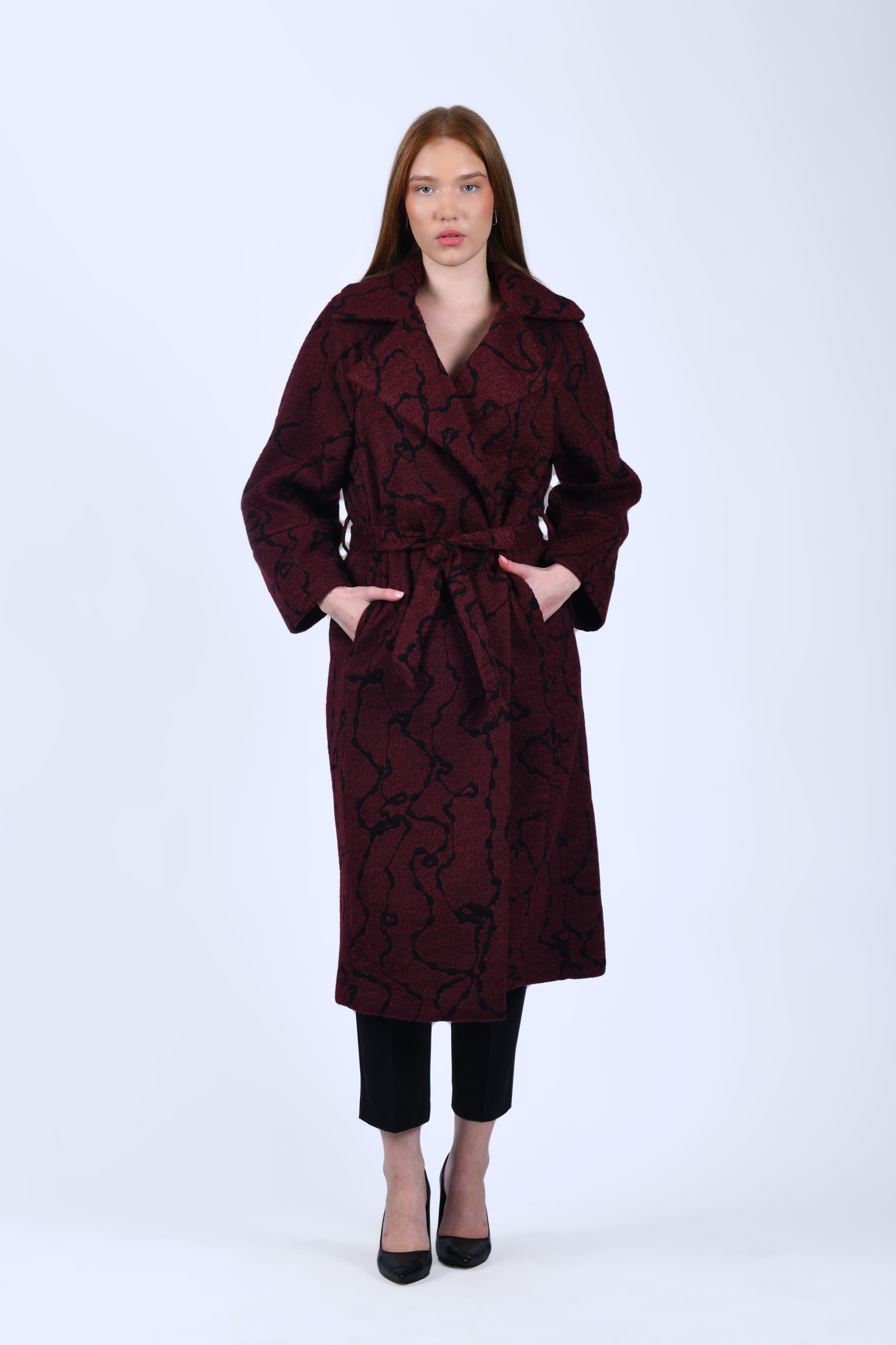 Bordo Desenli Kuşaklı Kaban - QK35