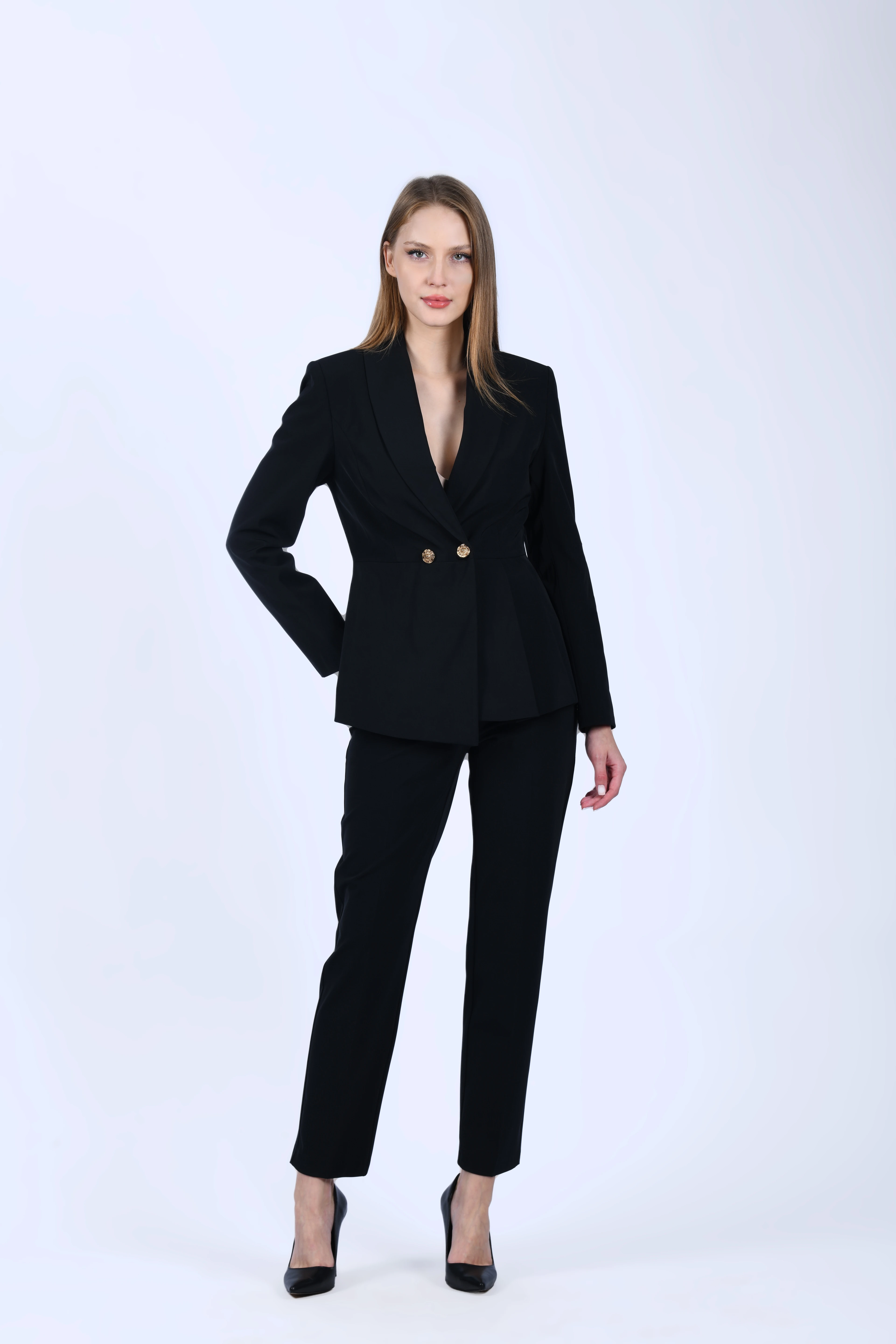 Siyah Yanı Pile Detaylı Blazer Ceket - QC91
