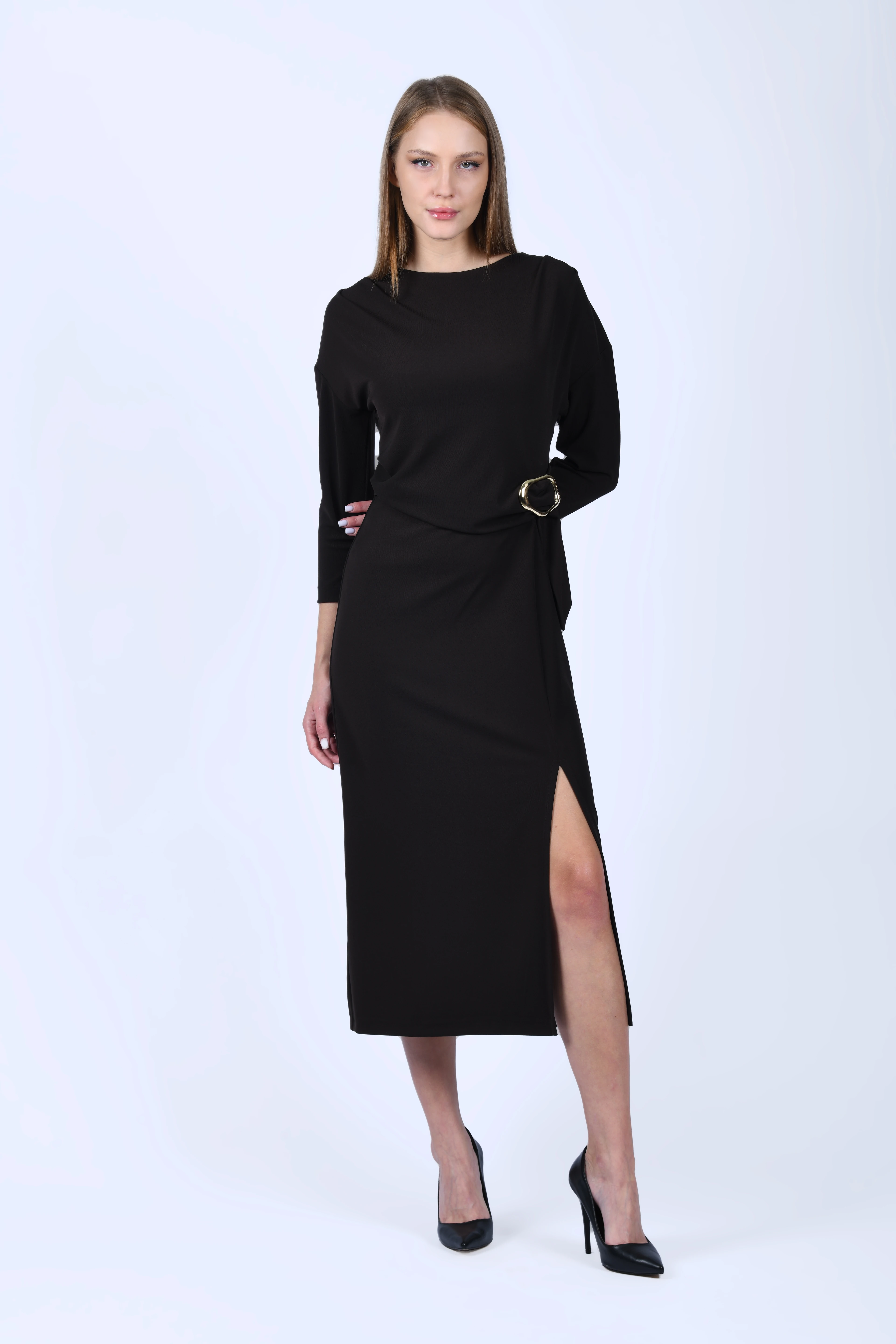 Kahve Toka Detaylı Yırtmaçlı Elbise -  QE396