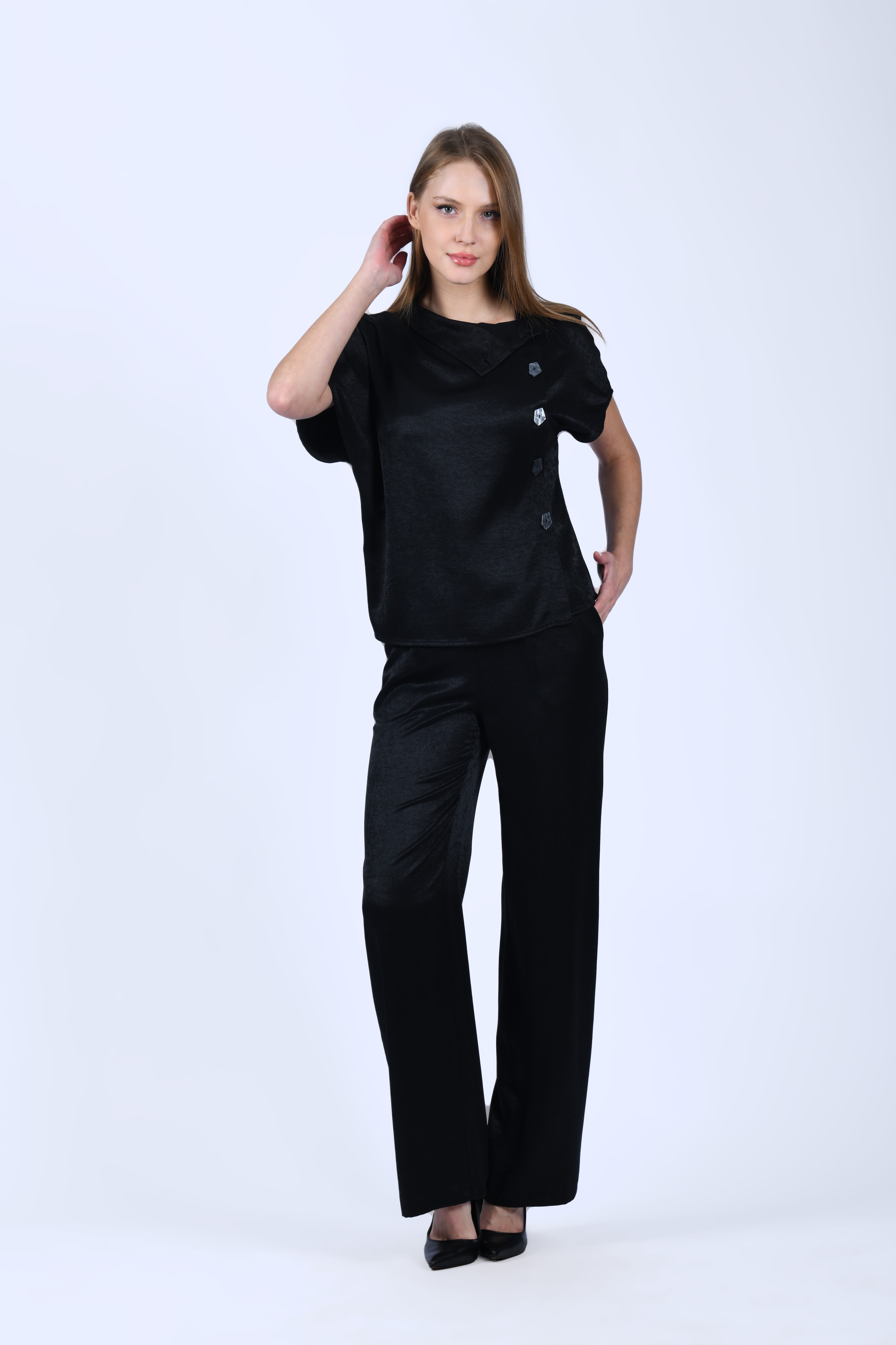 Siyah Bol Kesim Kumaş Pantolon - QP196