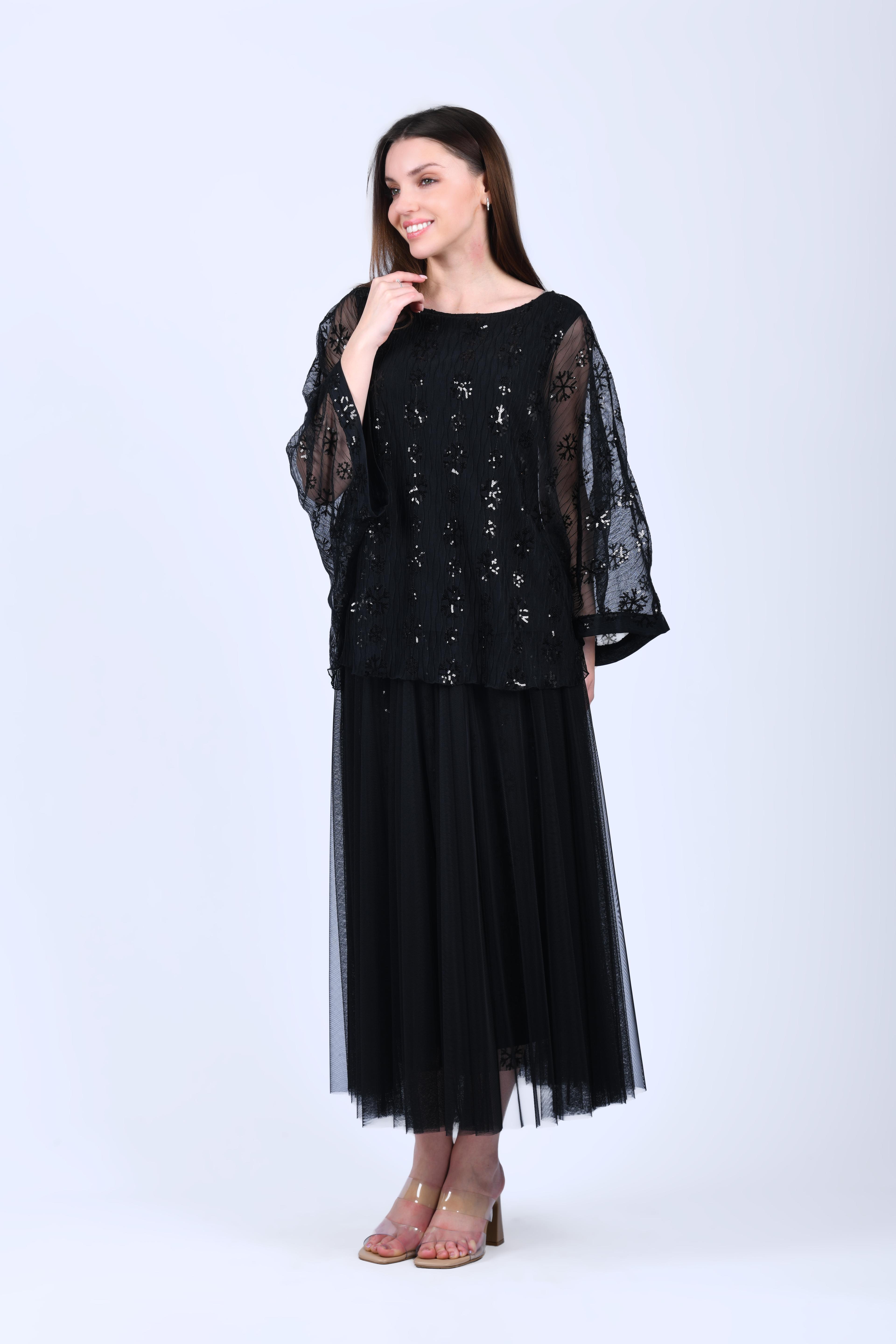 Siyah Desenli Tül Bluz - QB184