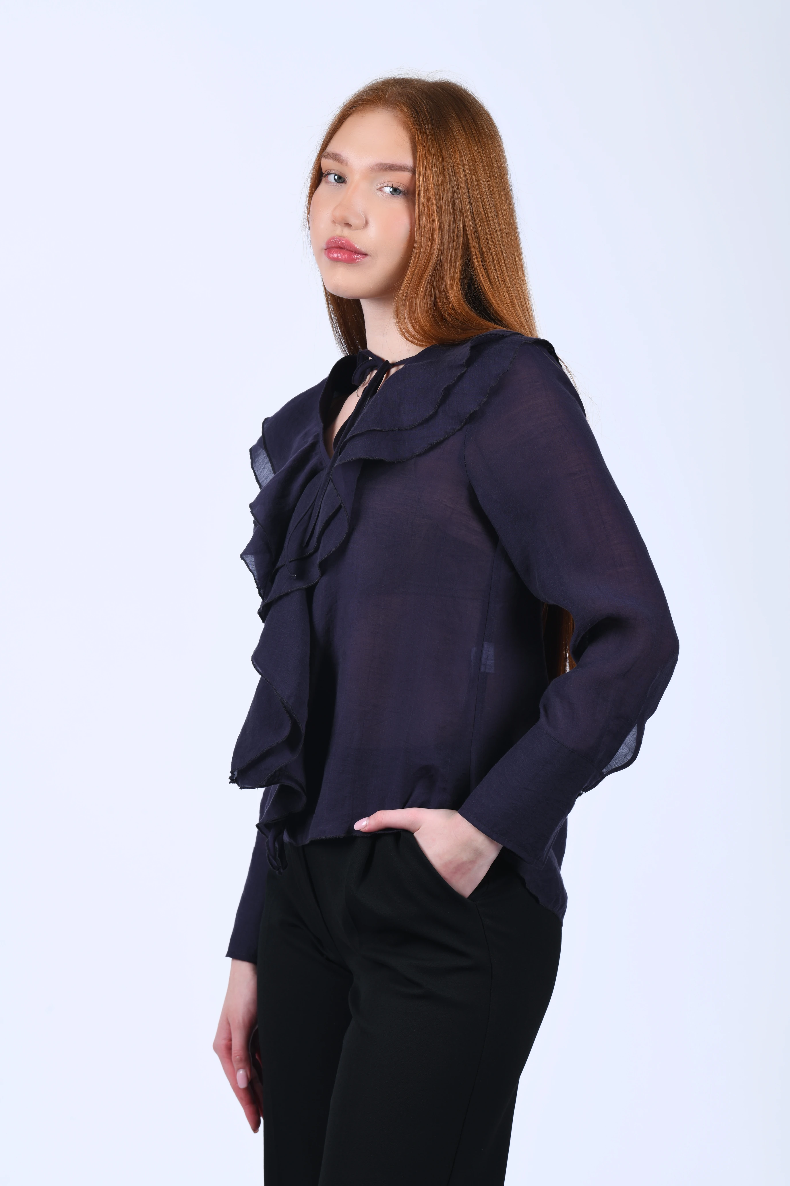 Mürdüm Volanlı Tül Bluz - QB201