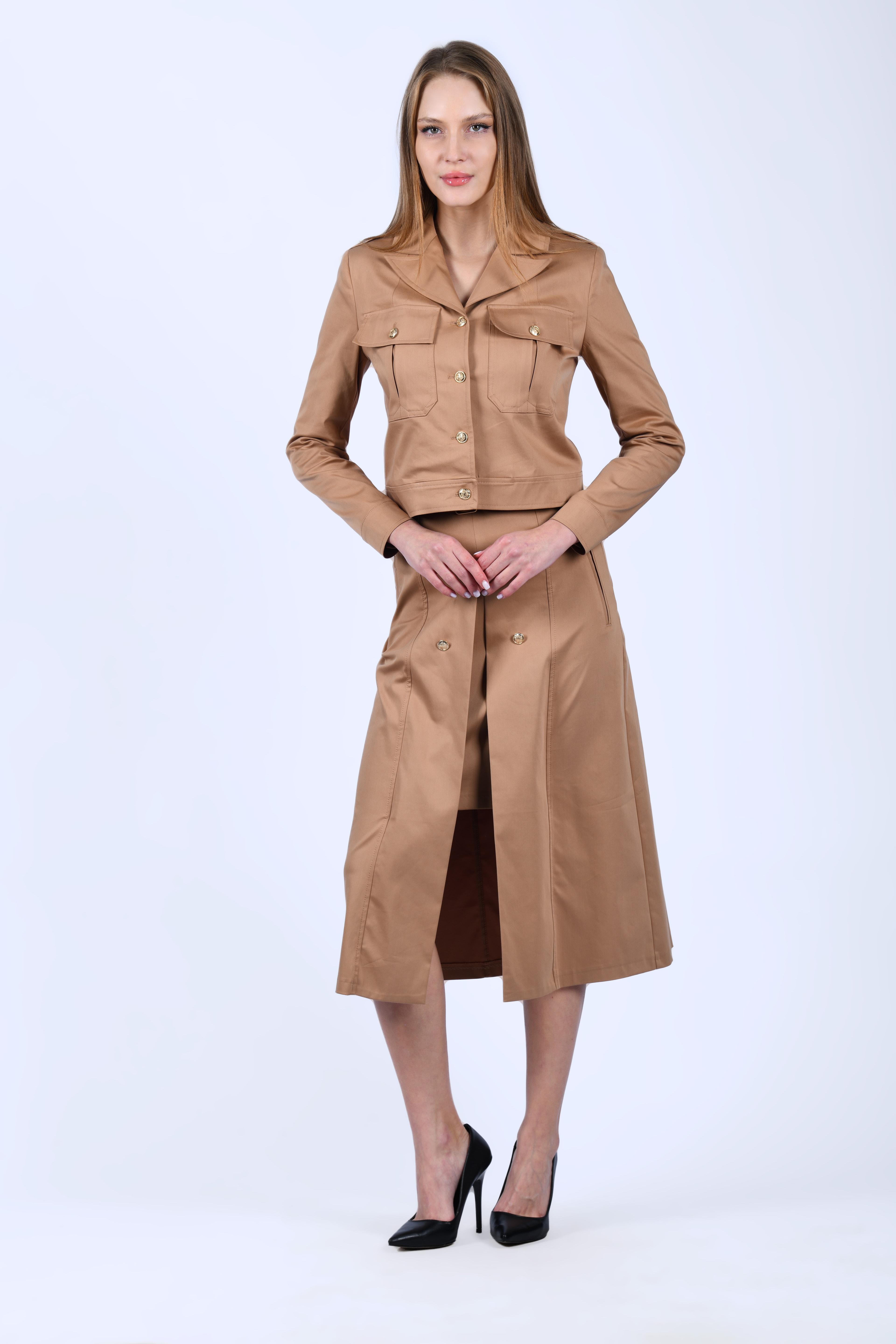 Camel Düğme Detaylı Yırtmaçlı Midi Etek - QD78