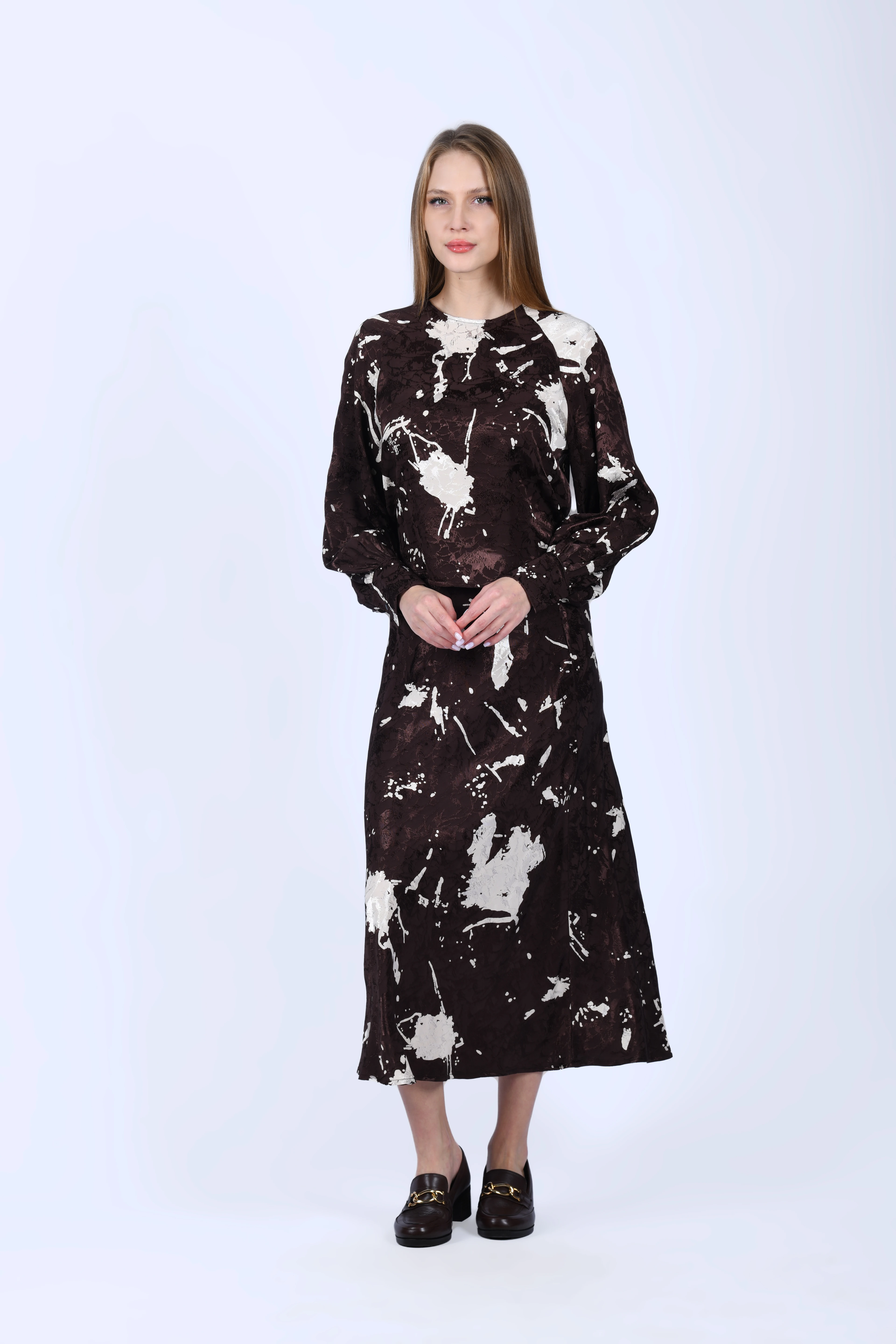 Kahve Soyut Desenli Bluz - LB189