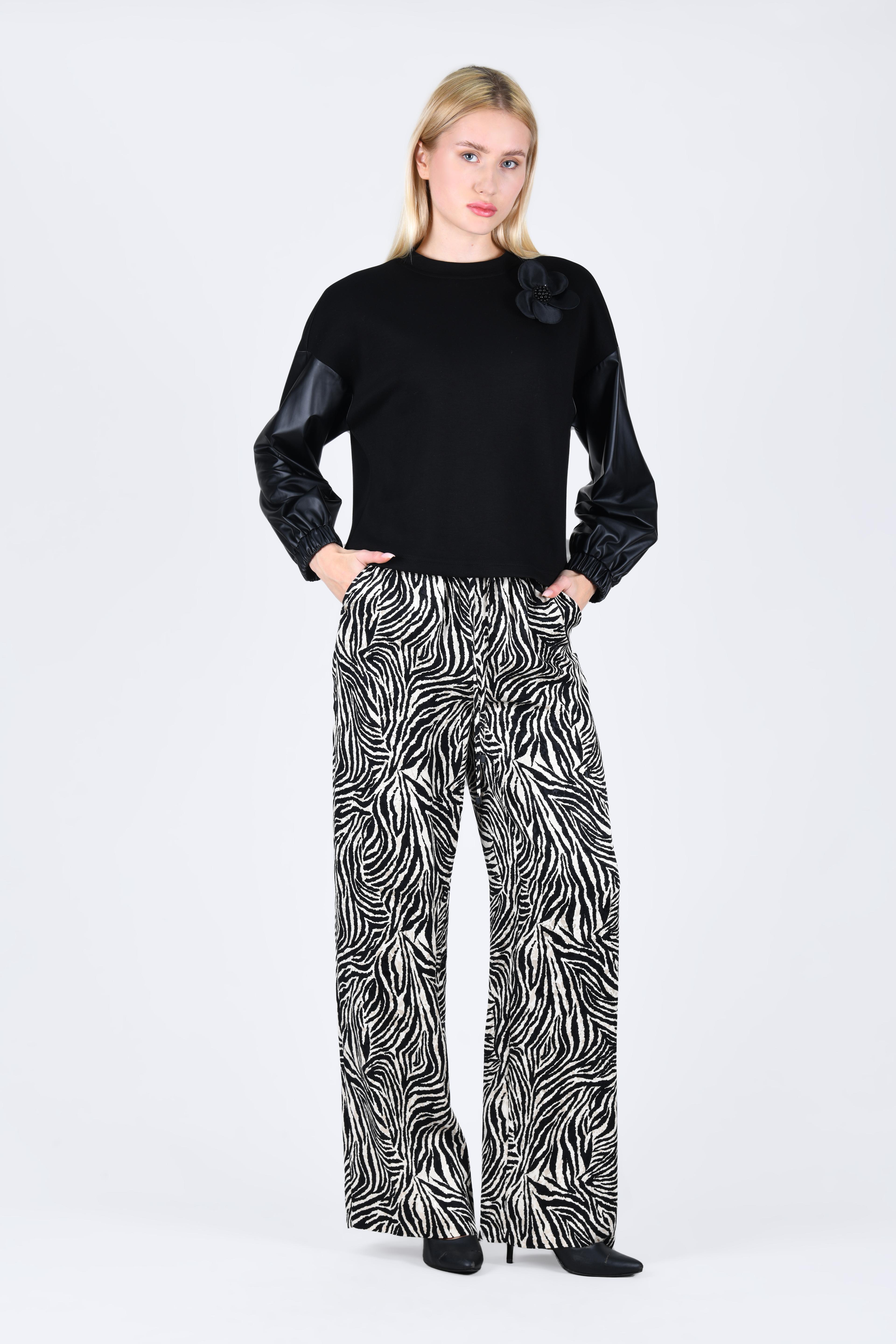 Siyah Ecru Desenli Bol Pantolon - QP152