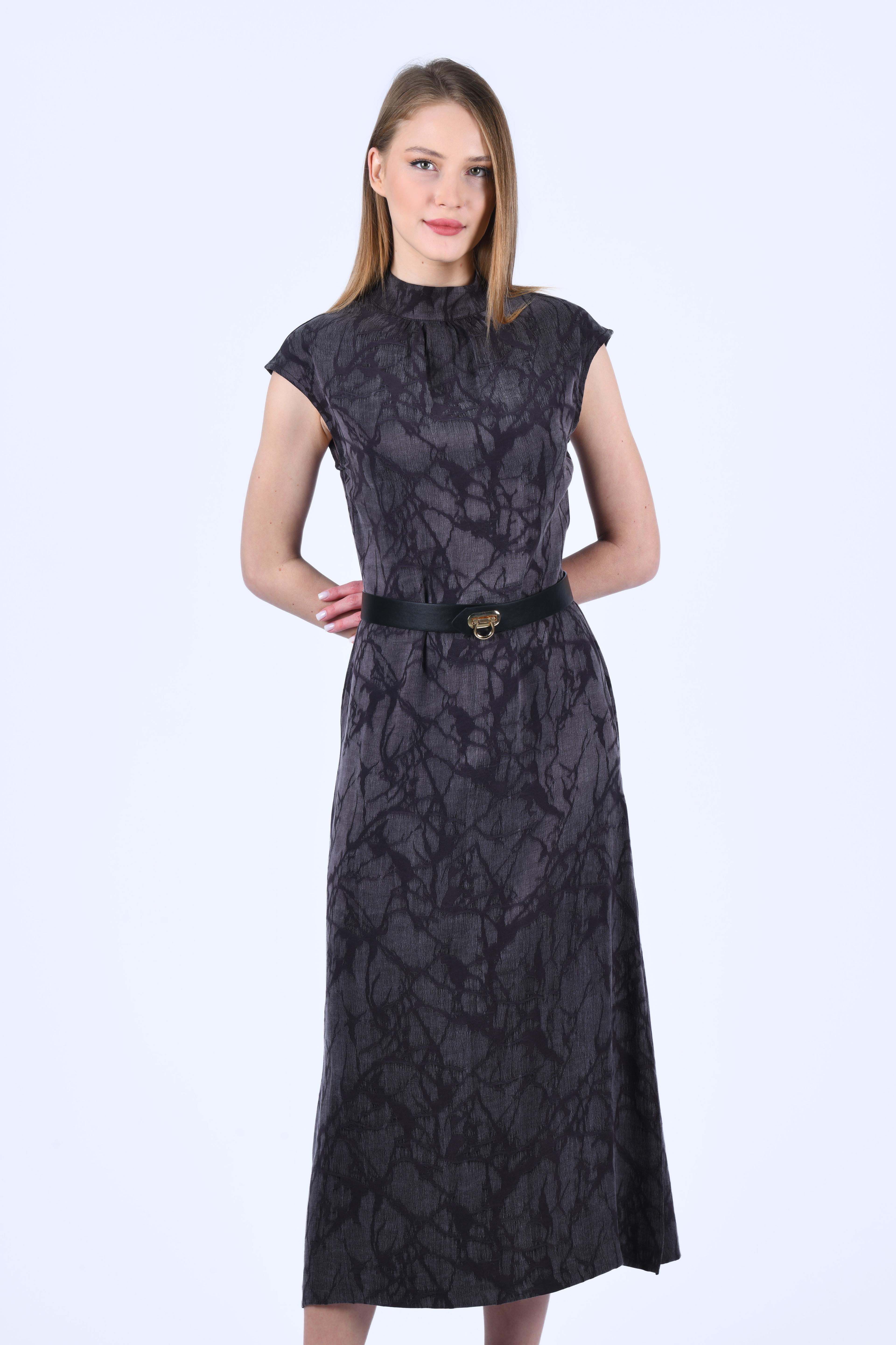 Kahve Desenli Kemerli Midi Elbise - QE334
