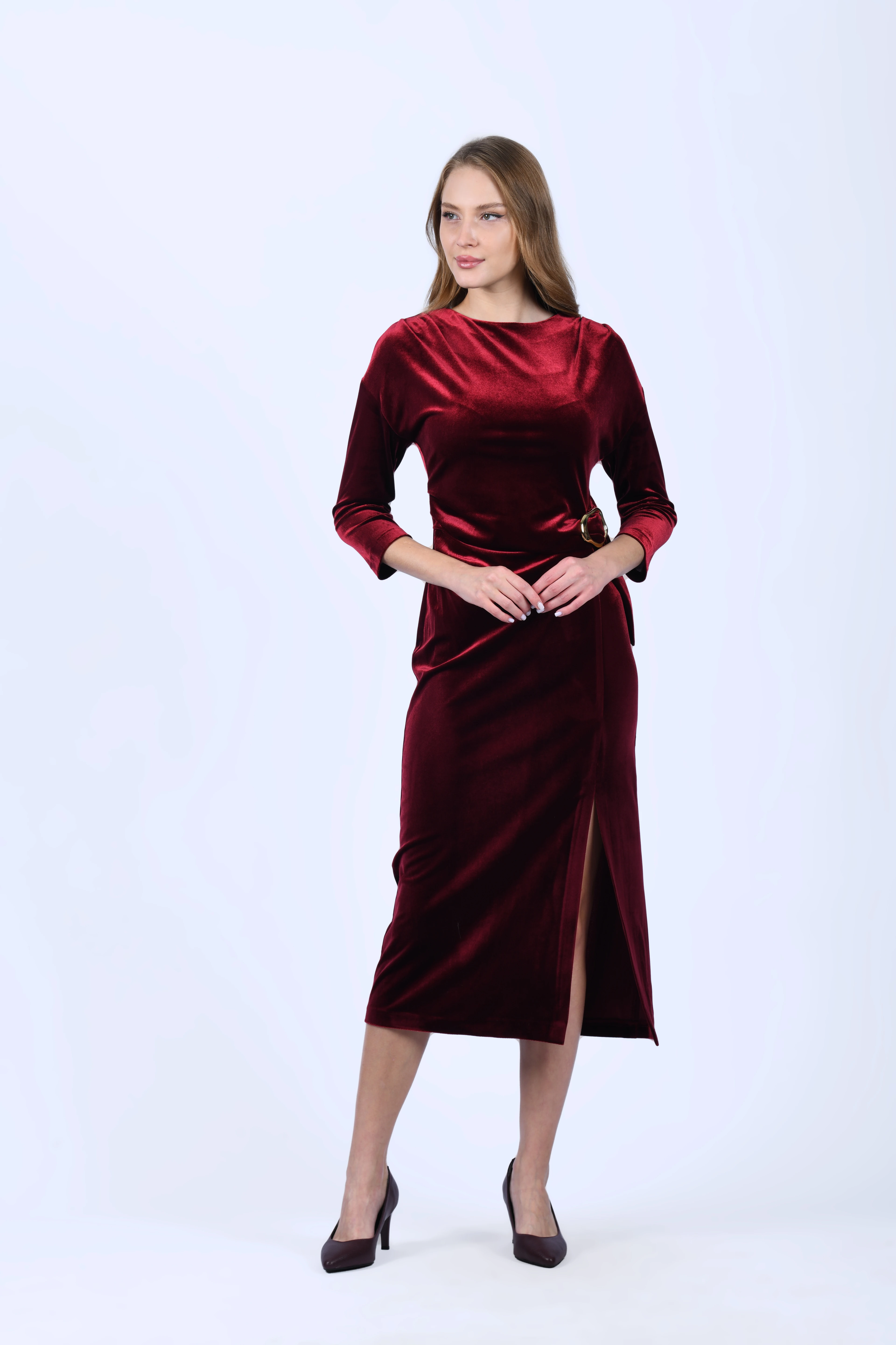 Bordo Toka Detaylı Yırtmaçlı Kadife Elbise - QE397