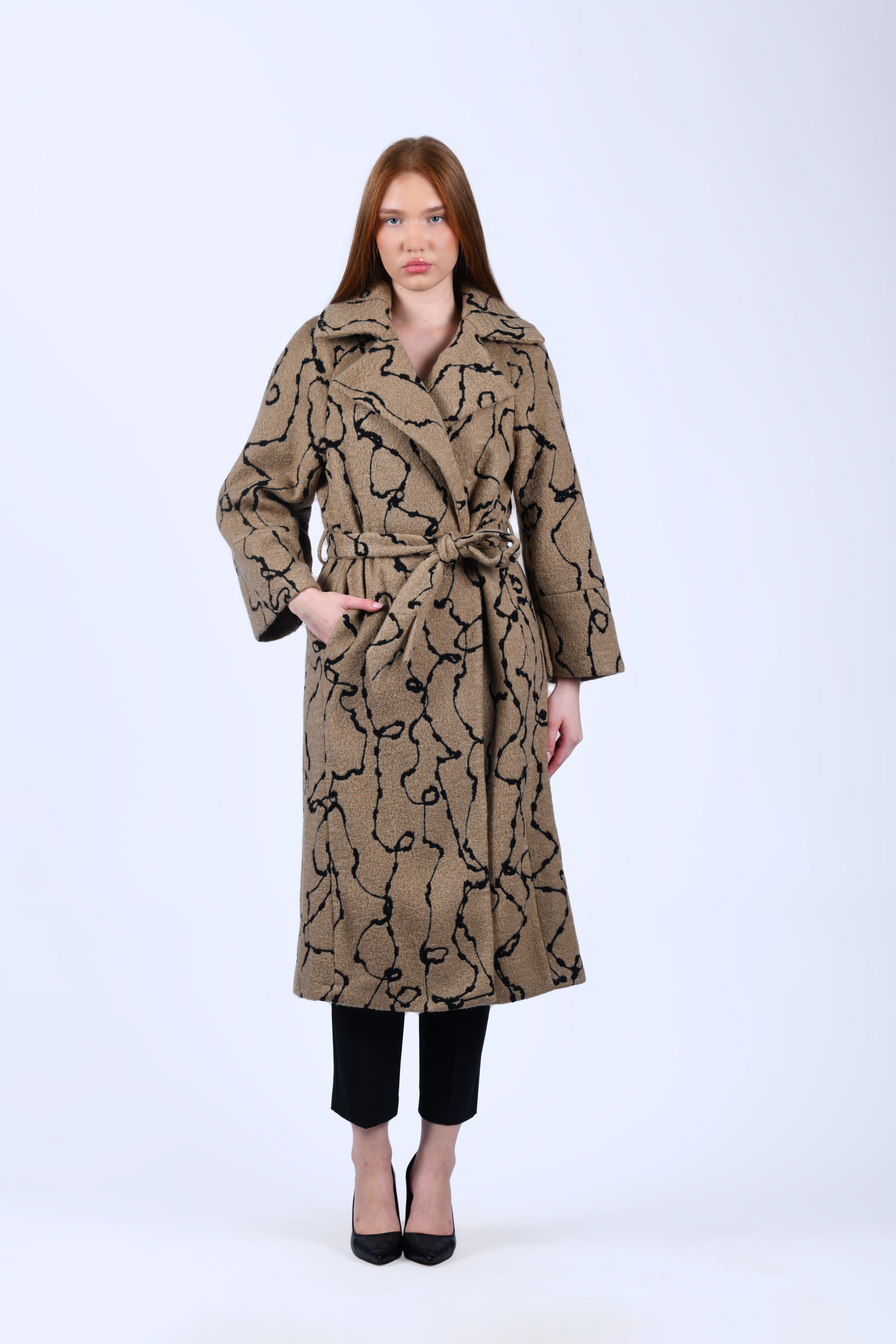 Camel Desenli Kuşaklı Kaban - QK35