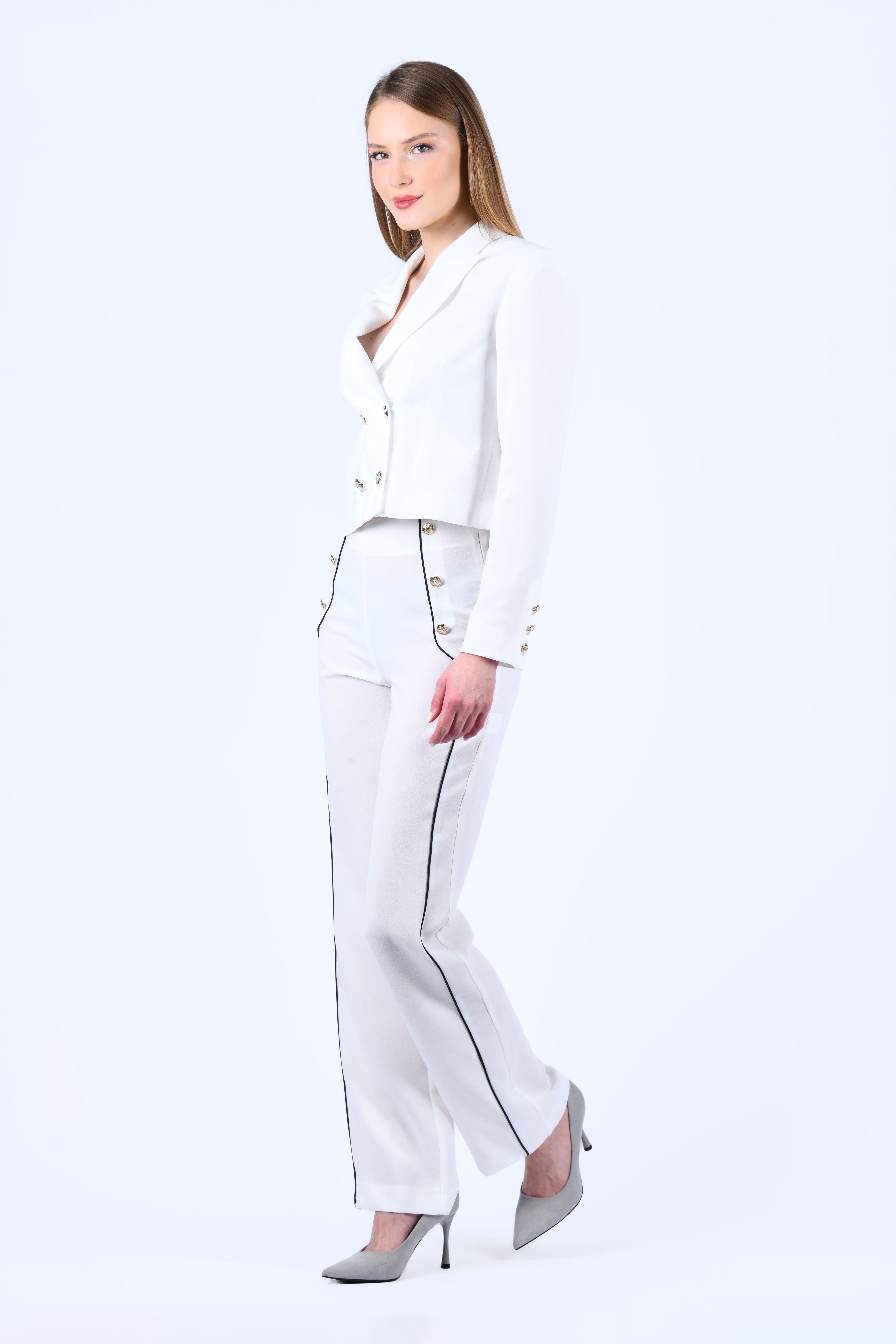 Ecru Crop Kesim Blazer Ceket - QC83
