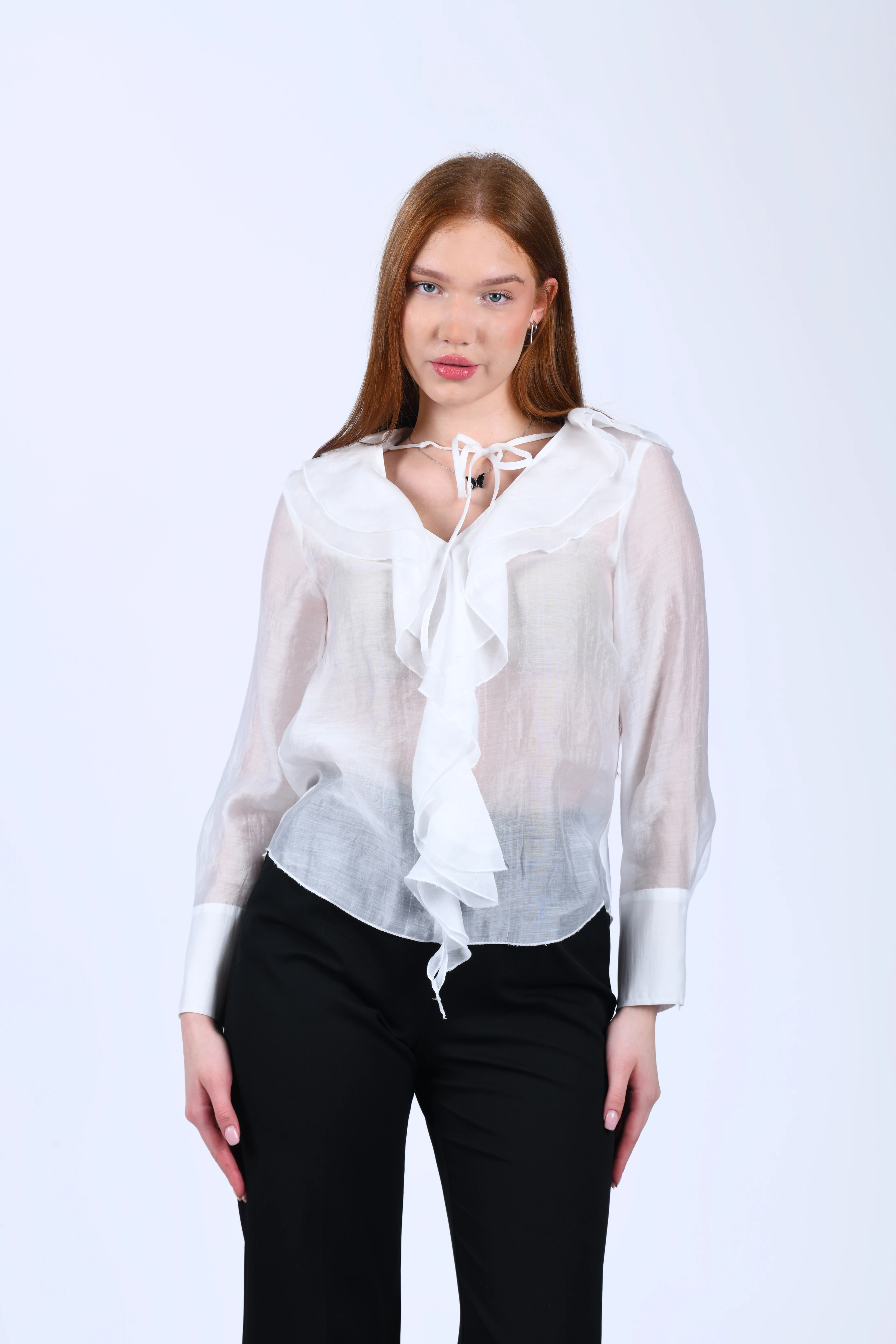 Ecru Volanlı Tül Bluz - QB201