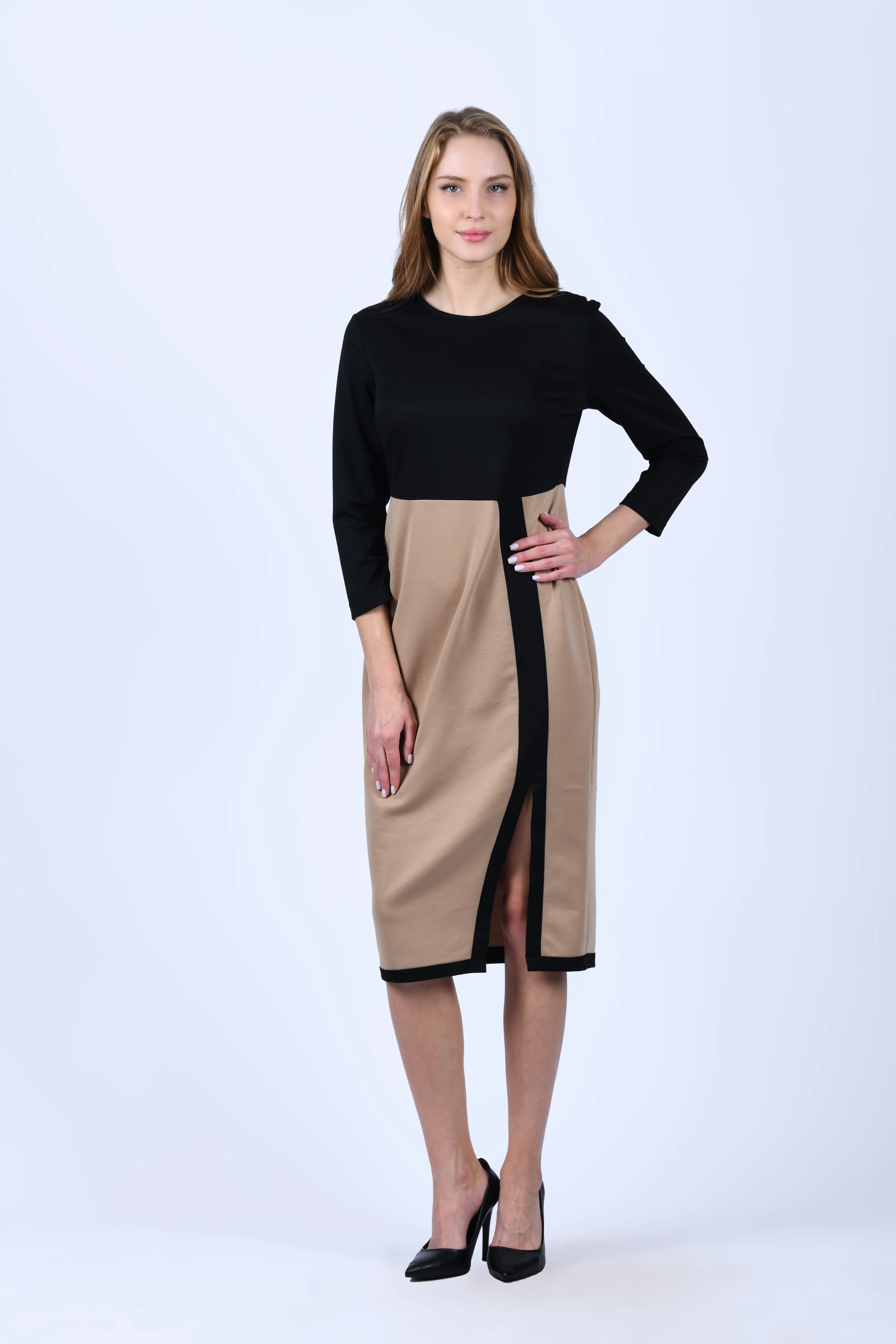 Kraft Siyah Çift Renk Midi Elbise - QE181