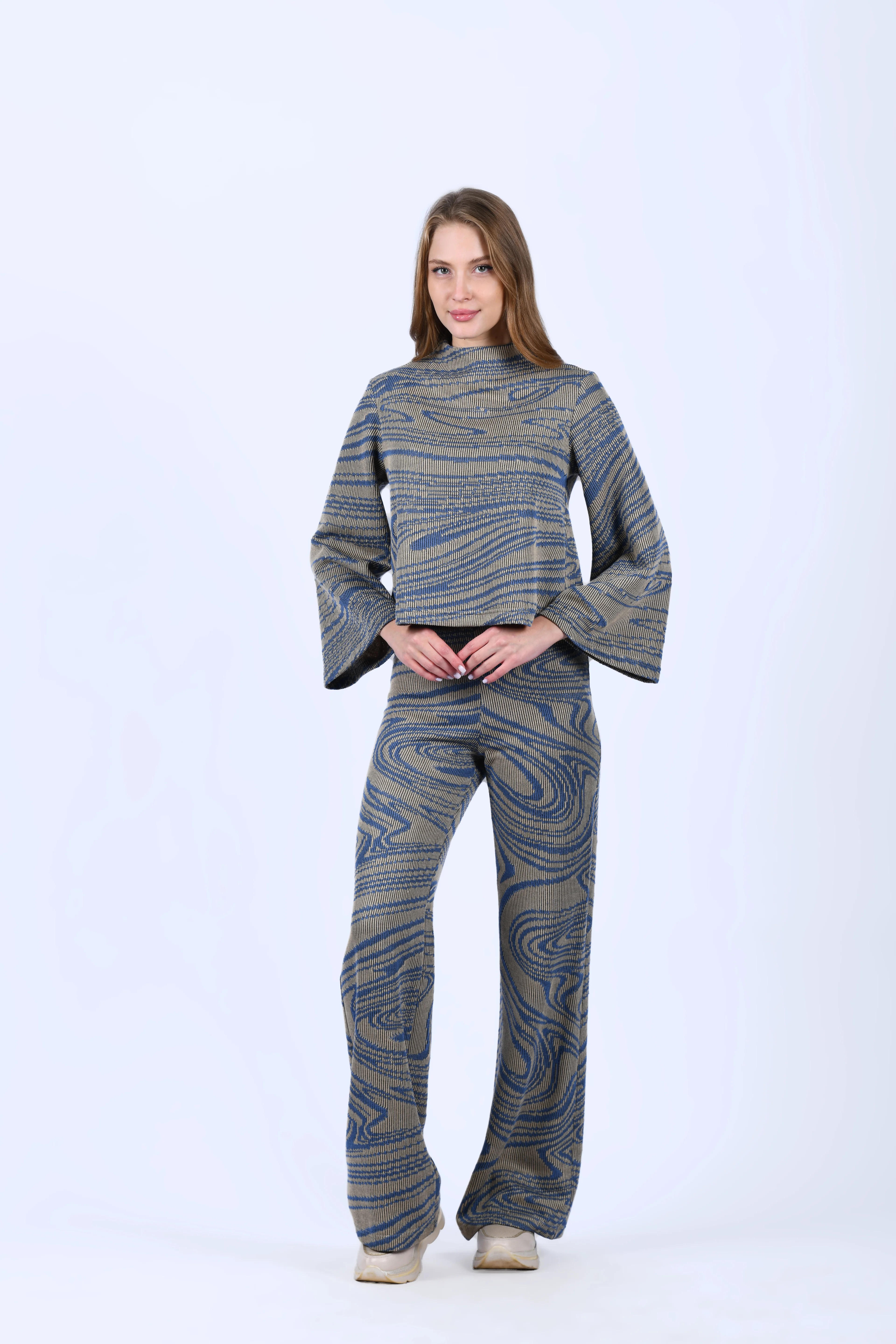 Bej Mavi Crop Kesim Triko Bluz - QB200