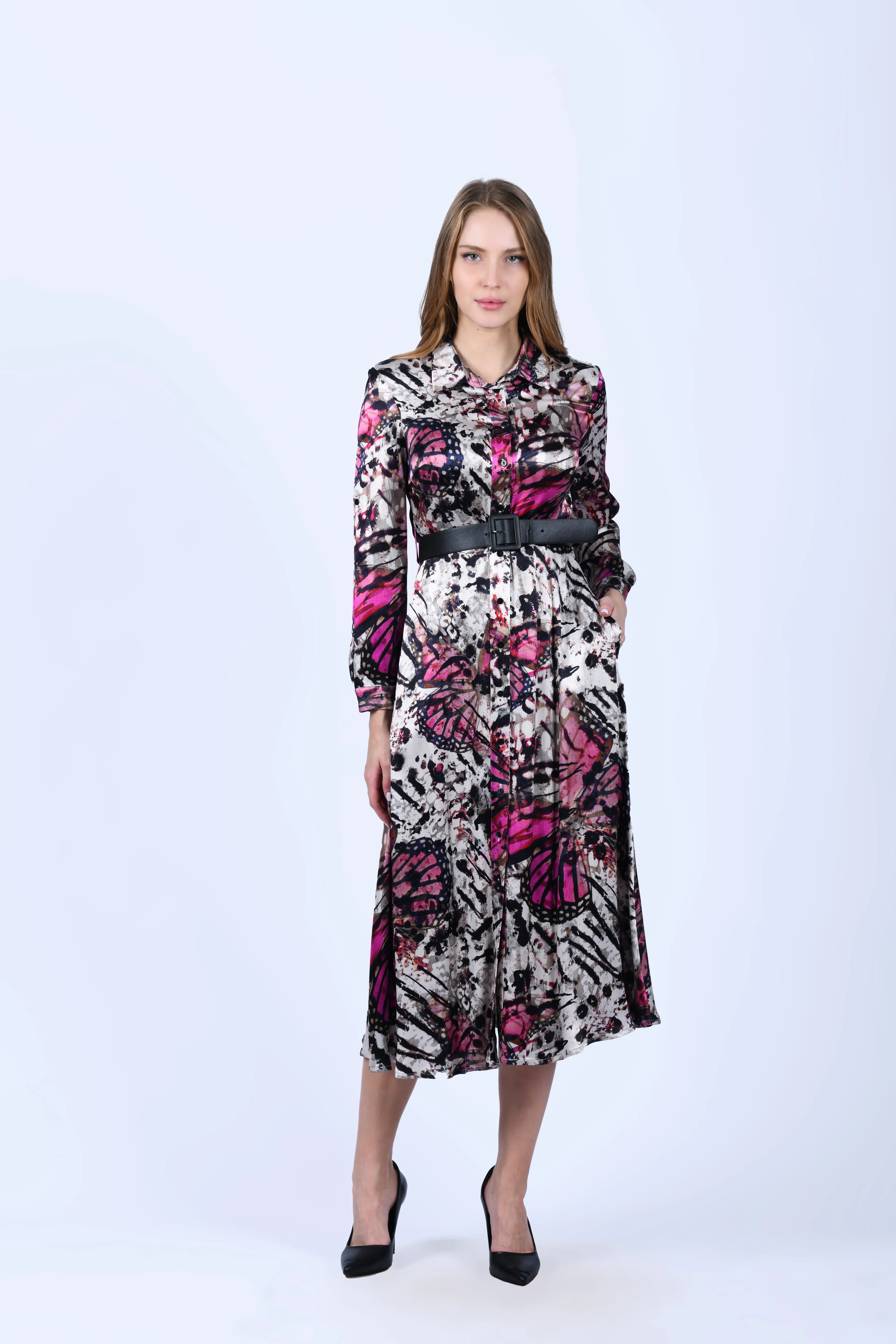 Fuşya Kelebek Desenli Midi Elbise - LE191