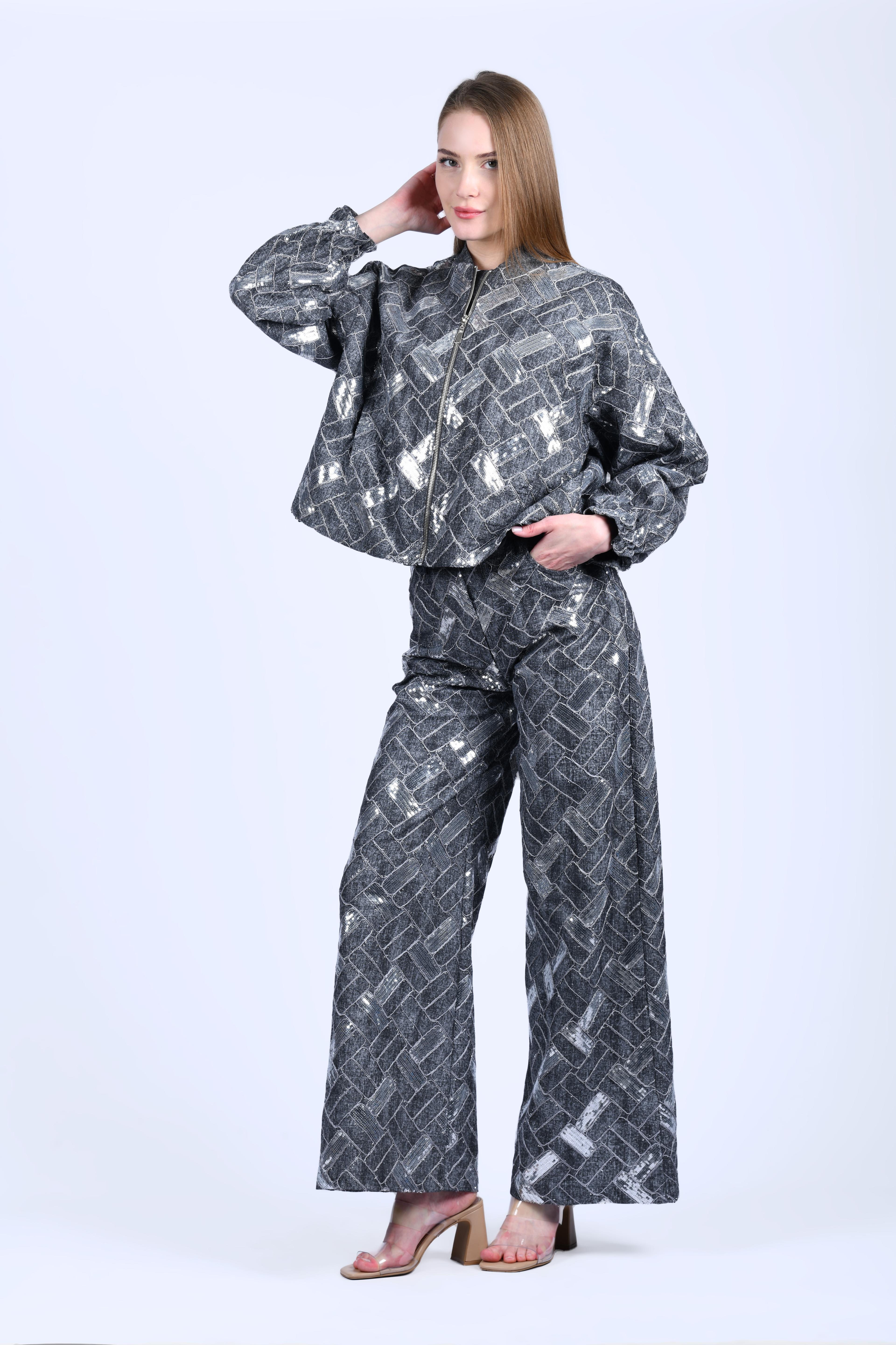 Siyah Payetli Bol Kot Pantolon - QP172
