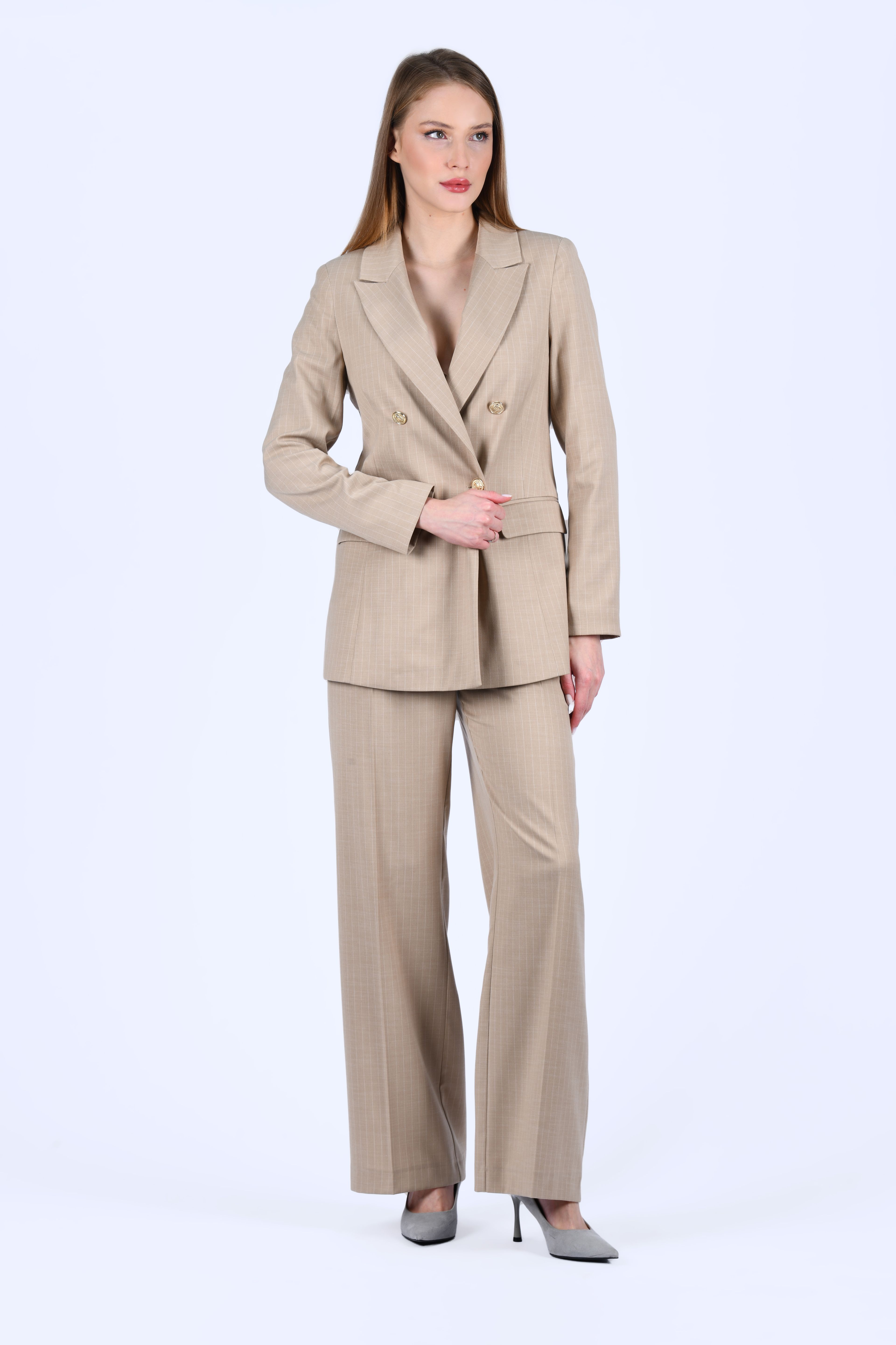 Bej Çizgili Blazer Ceket - LC118