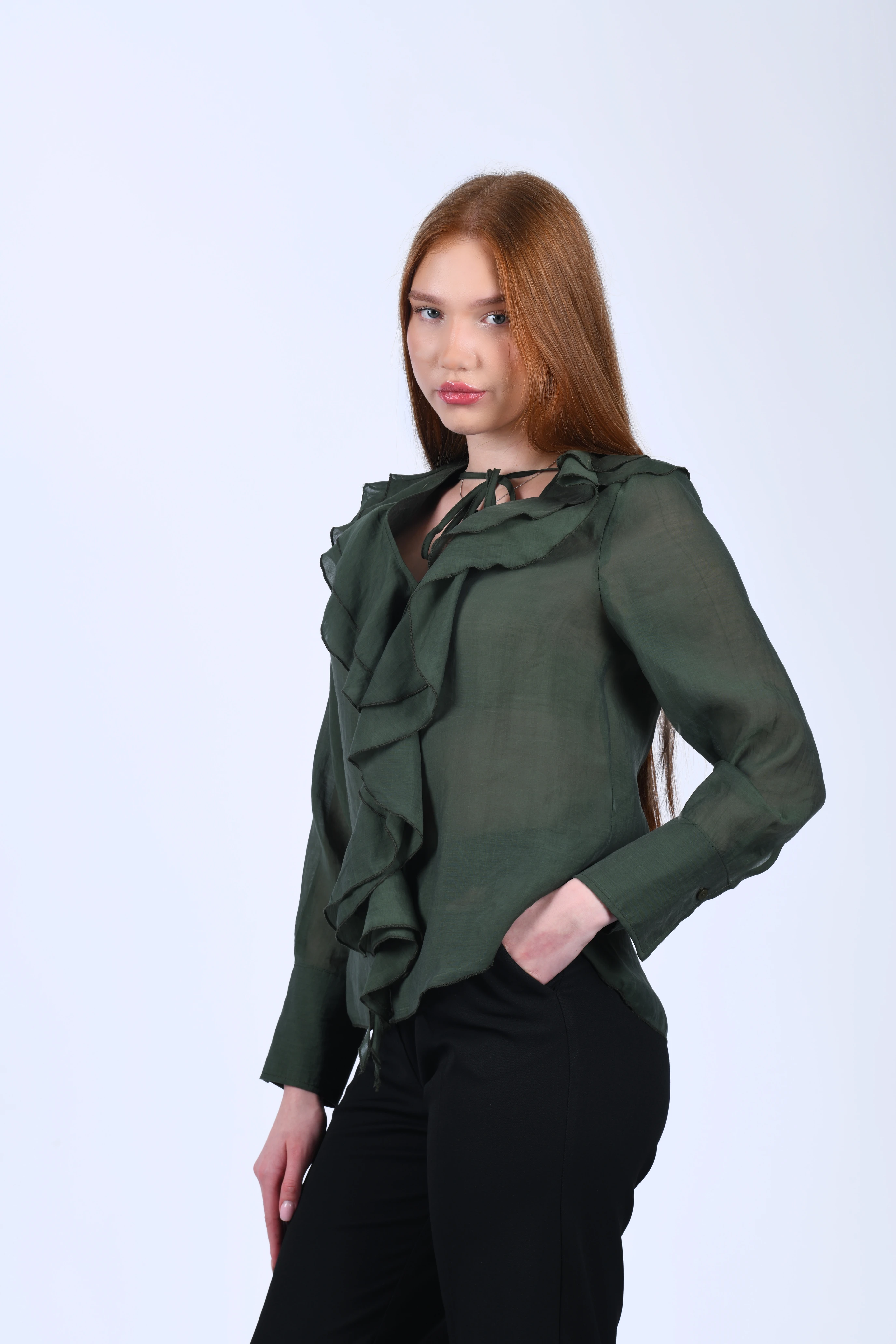 Yeşil Volanlı Tül Bluz - QB201