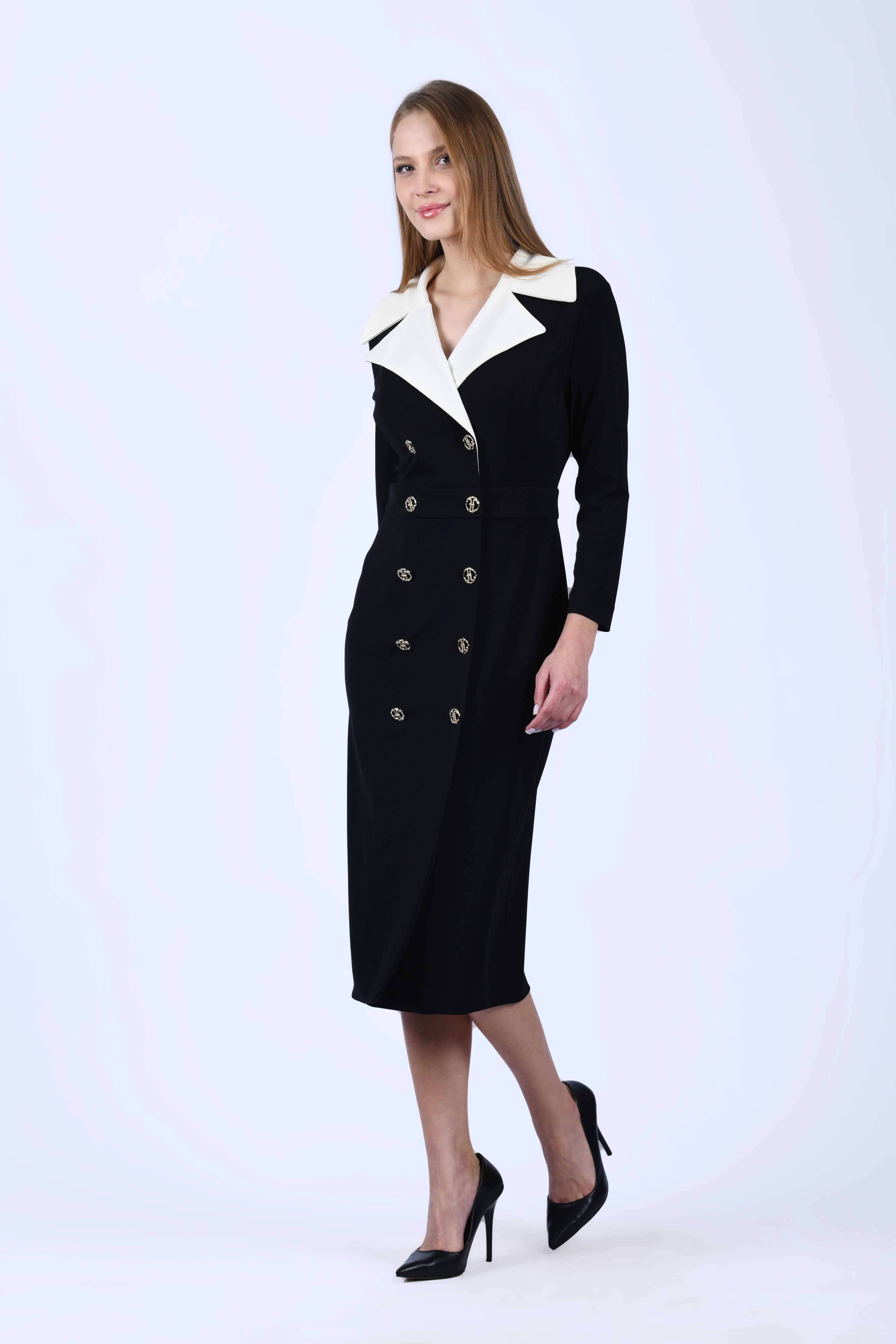 Siyah Kruvaze Geniş Yaka Elbise -  QE388