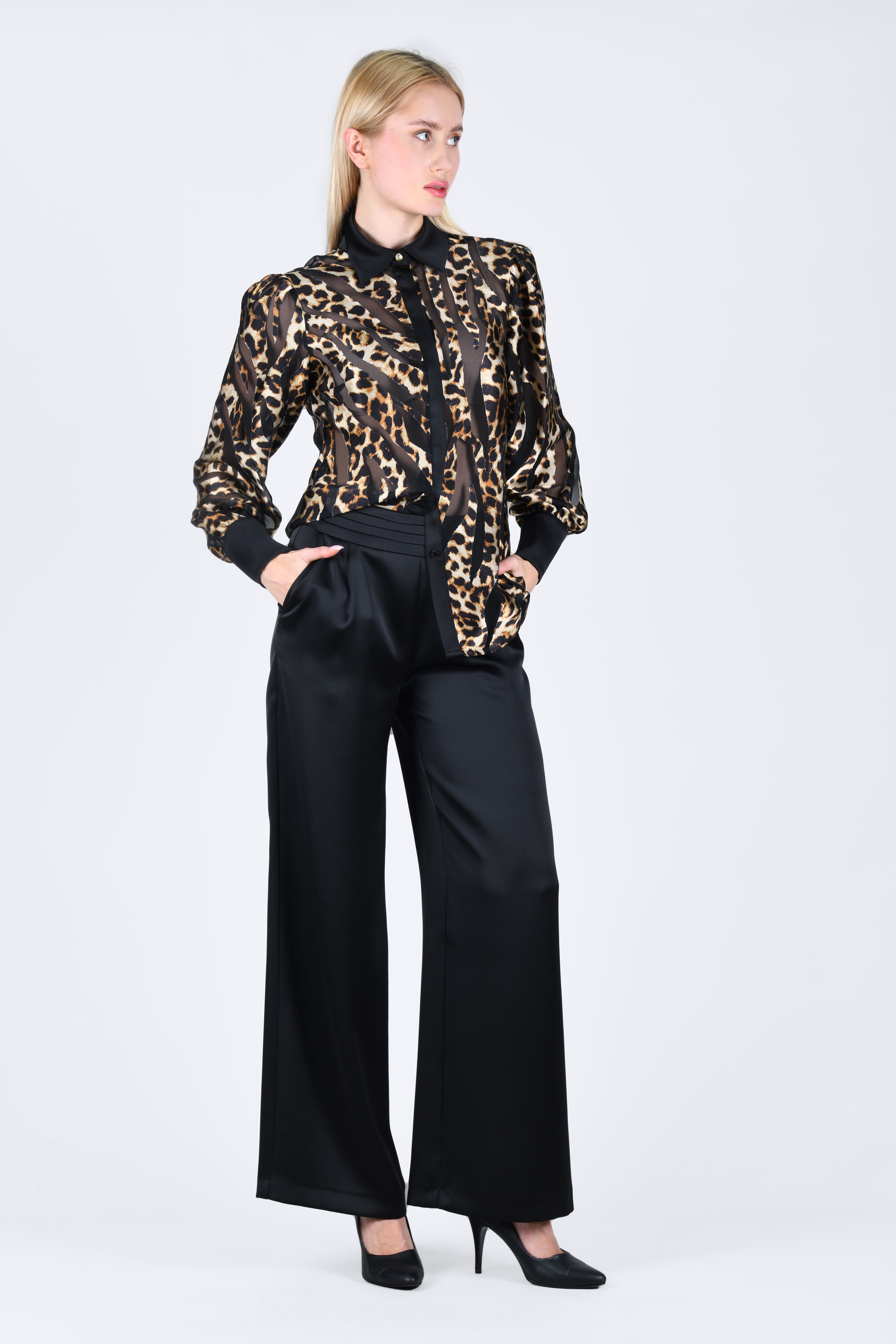 Siyah Wide Leg Parlak Kumaş Pantolon - LP173