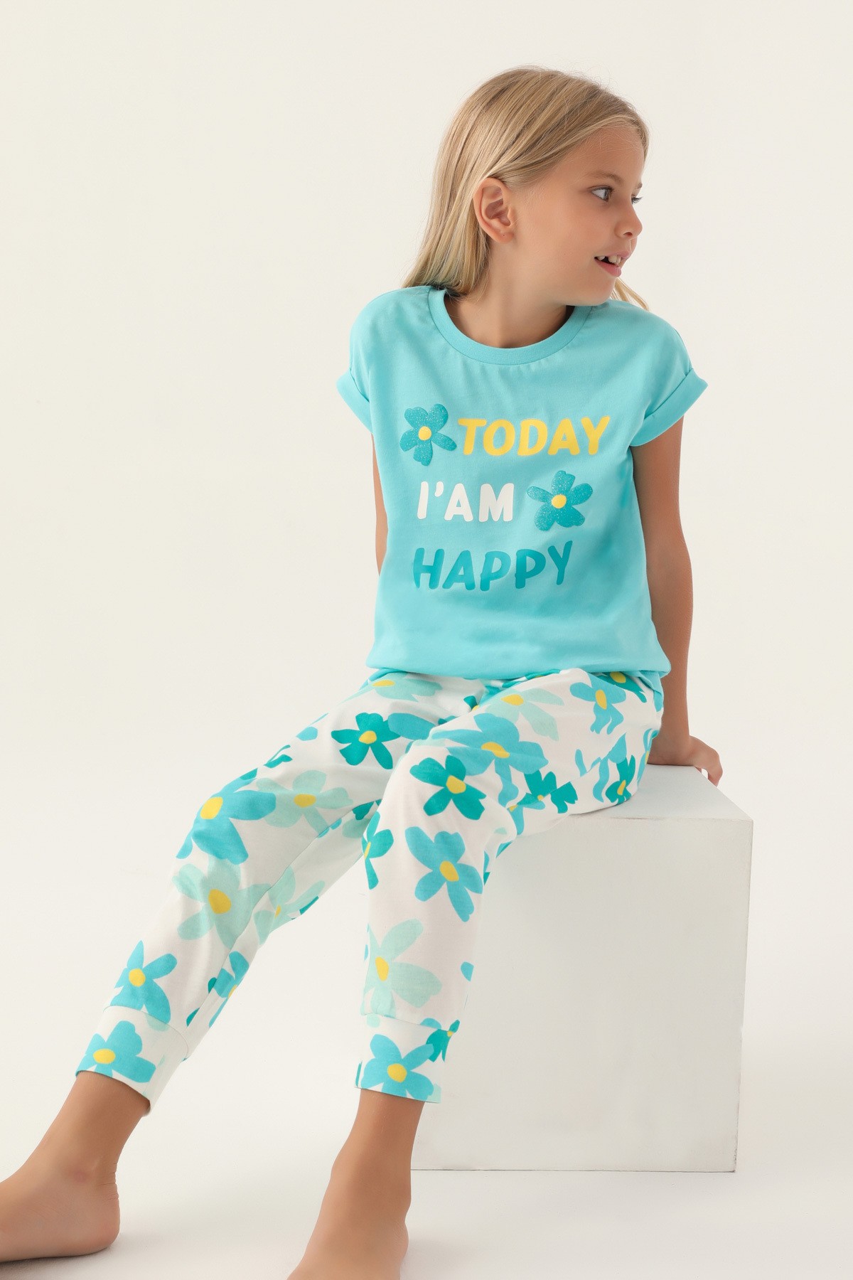 Roly Poly 3394-2 Kız Çocuk Çiçekli Kısa Kol Pijama Takım  - SOMON - 2-3 YAŞ