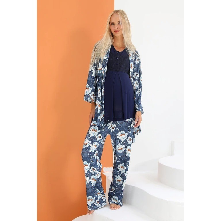 Mommysh 55715 Kadın Sabahlıklı Lohusa PijamaTakımı  - EKRU - L