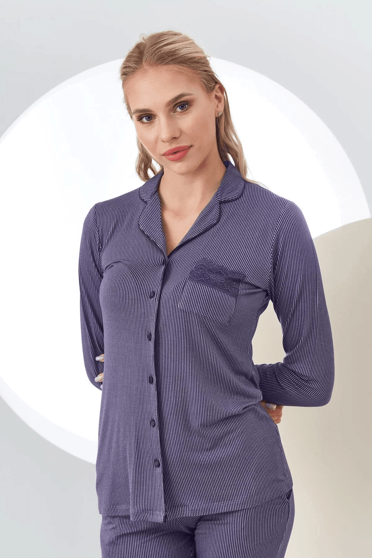 Pjs 24150 Kadın Çizgili Dantel Detaylı Uzun Kol Düğmeli Pijama Takım