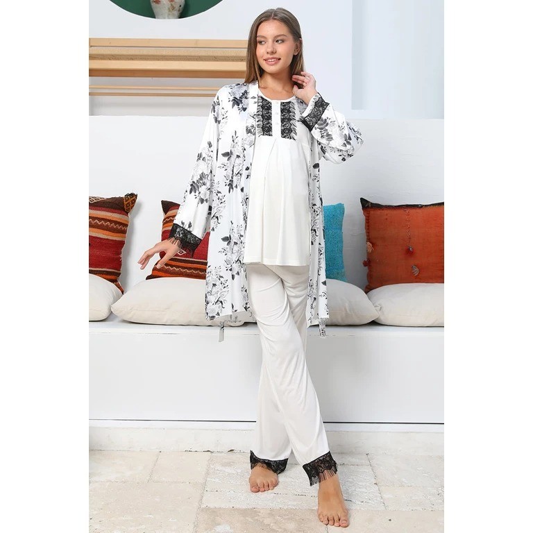 Mommysh 55711 Kadın Lohusa Saten Sabahlıklı Pijama Takımı  - EKRU - L