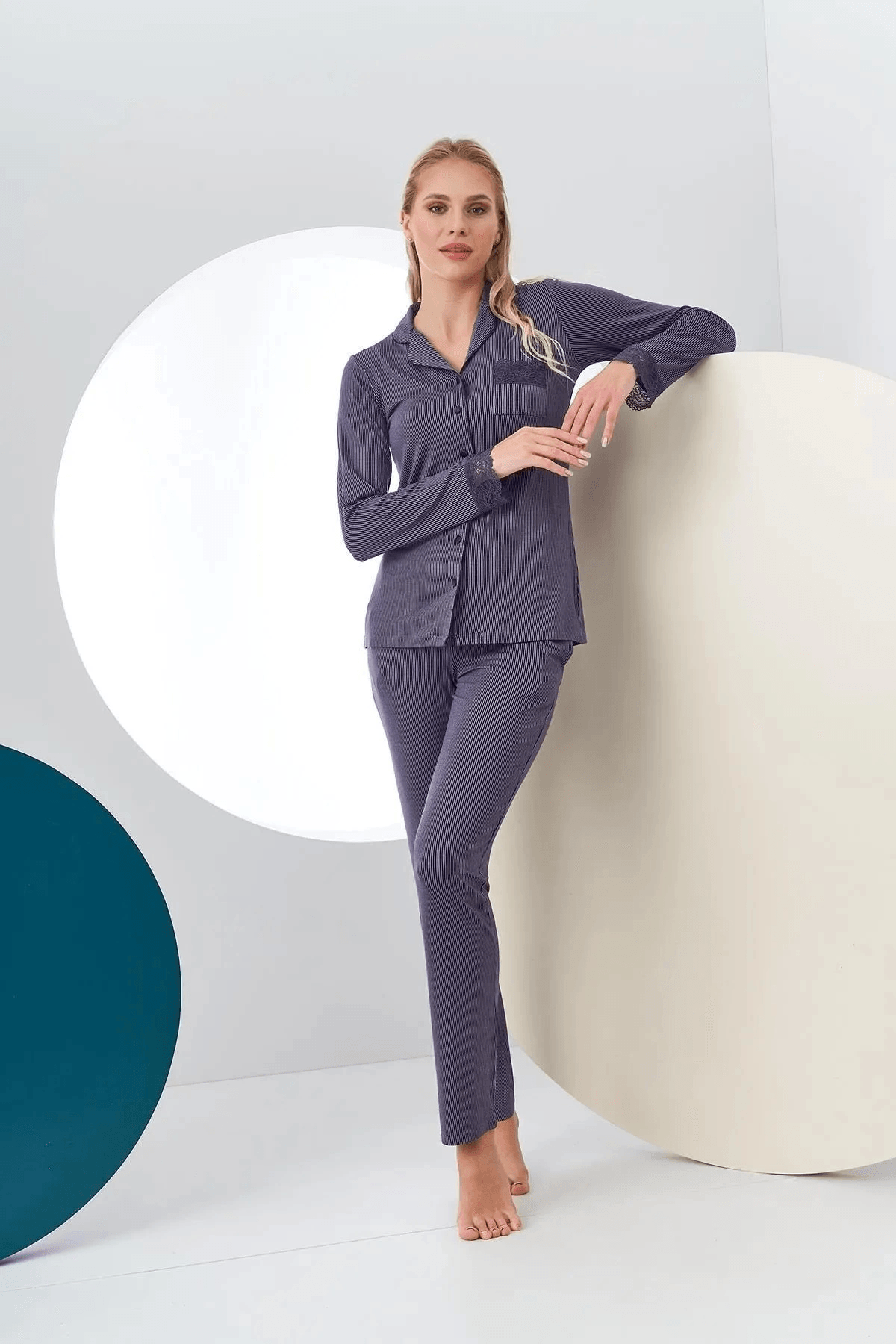 Pjs 24150 Kadın Çizgili Dantel Detaylı Uzun Kol Düğmeli Pijama Takım