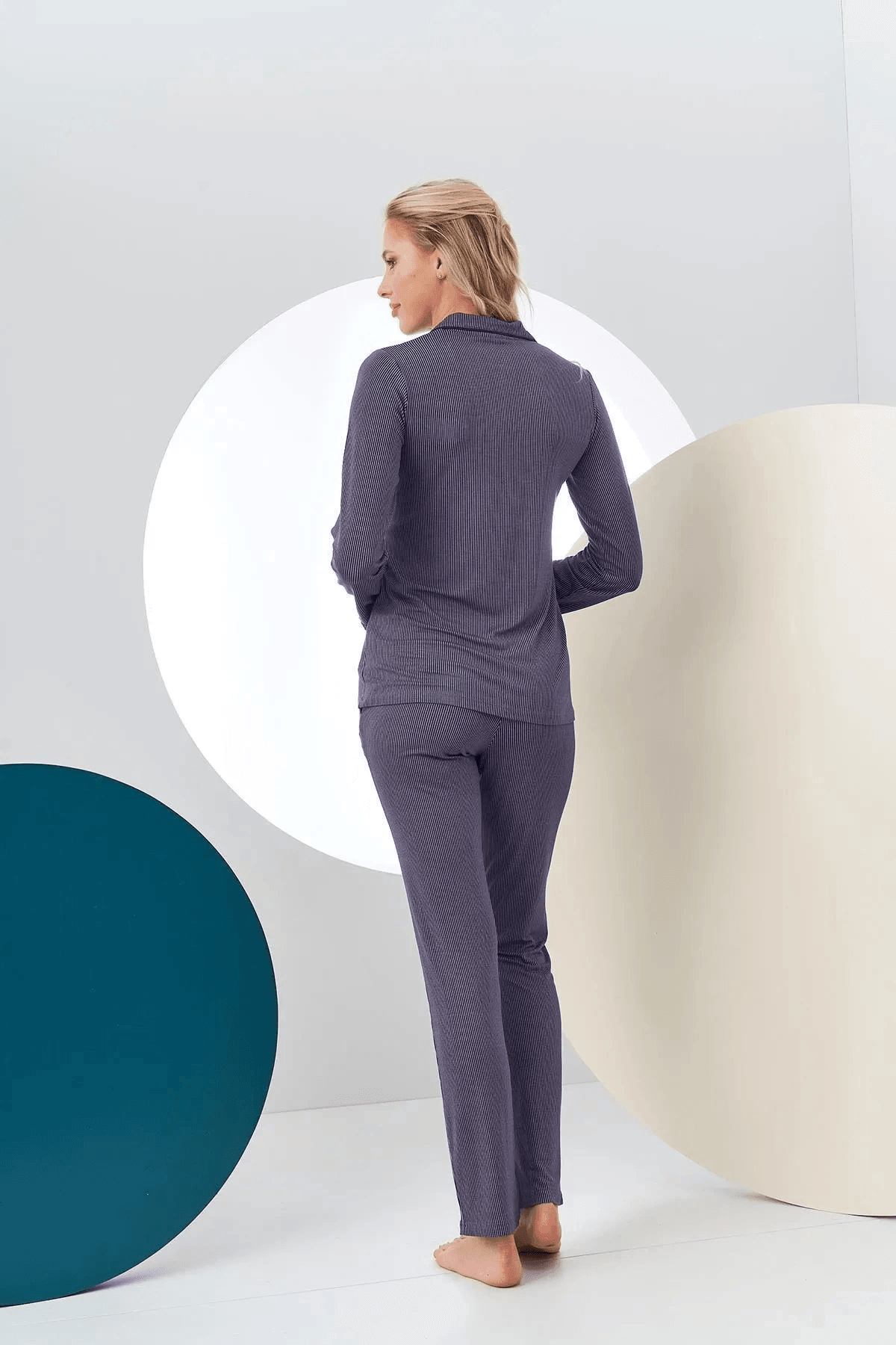 Pjs 24150 Kadın Çizgili Dantel Detaylı Uzun Kol Düğmeli Pijama Takım