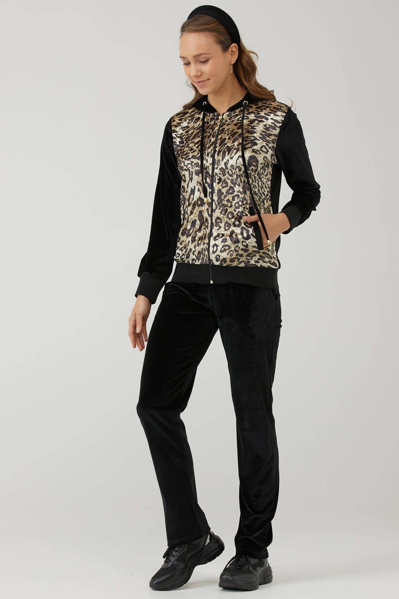 Sementa 74581 Kadın Önü Kadife Kapüşonlu Eşofman Takımı  - Leopar - 2XL