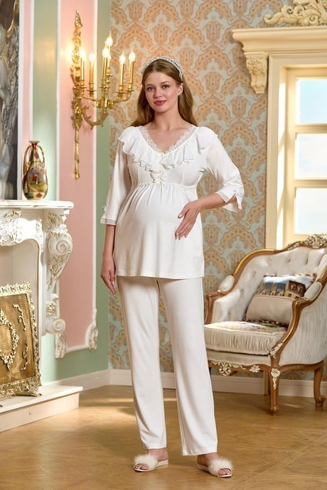 Aqua 25137 Dirsek Kol Dantel Detaylı Lohusa Pijama Takımı  - Krem - 38