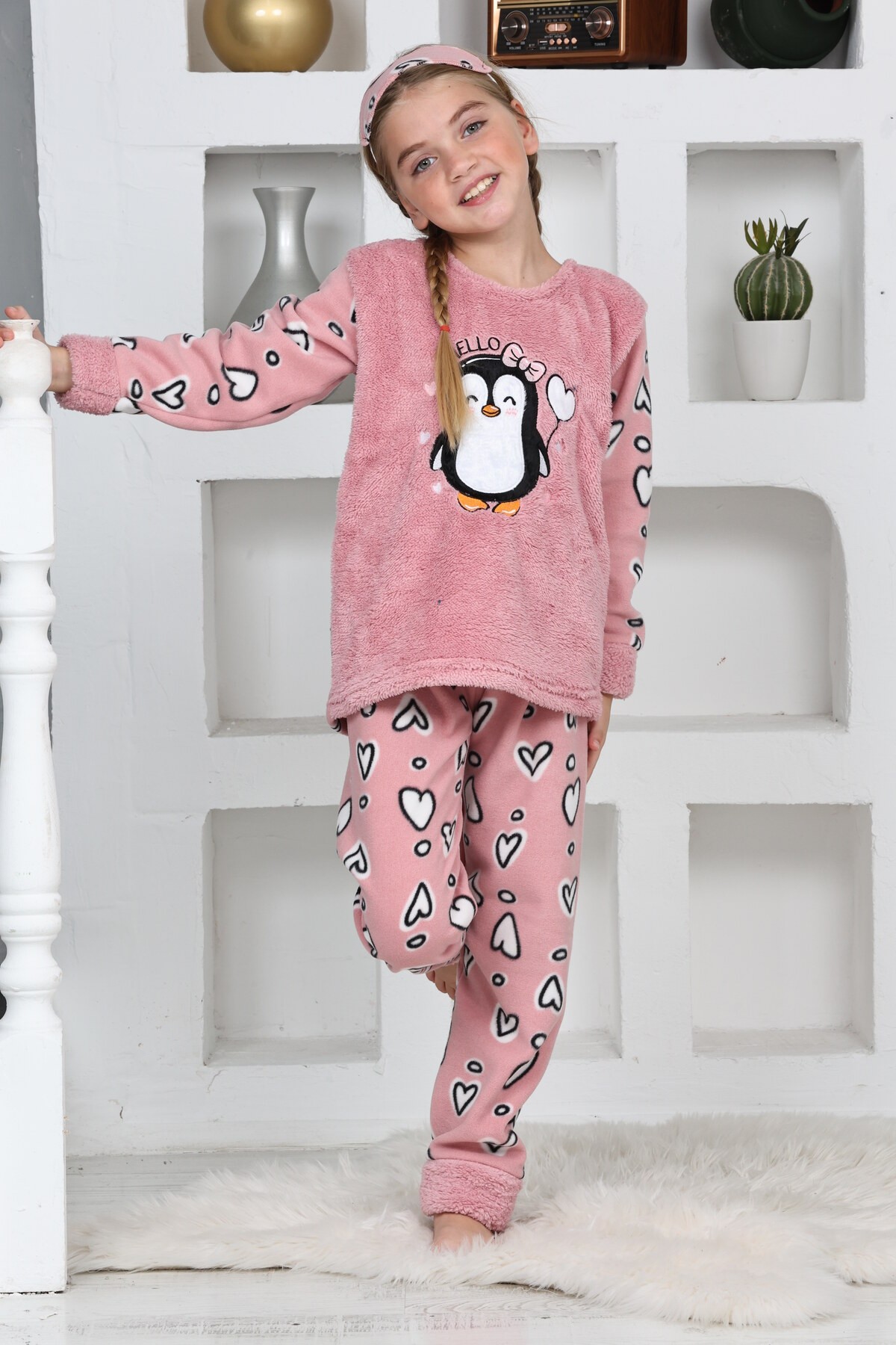 Kapitex 4992 Kız Çocuk Penguenli Polar Uzun Kol Pijama Takımı  - Pembe - 4-5 YAŞ