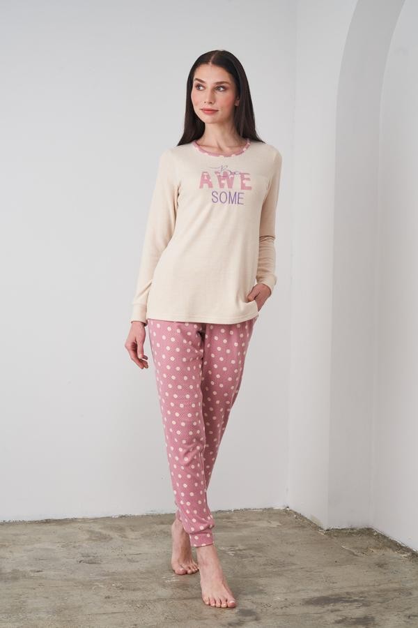 PJS 24503 Bayan Yazı Detaylı Pijama Takımı  - EKRU - 38